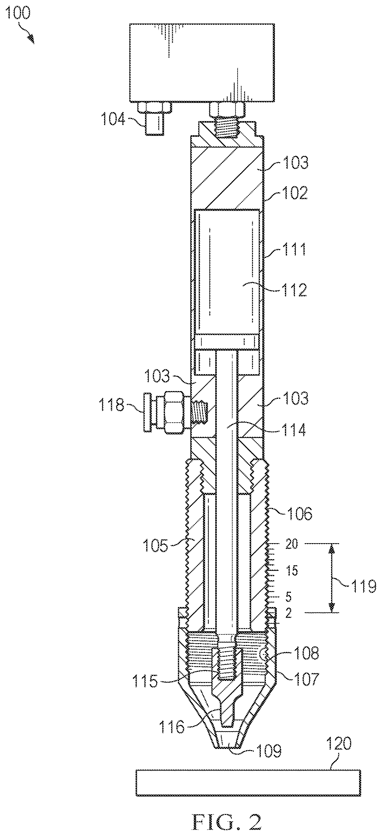 Patent US12611708 Figure 2 – Hand-held impact tool for creating dent flaws