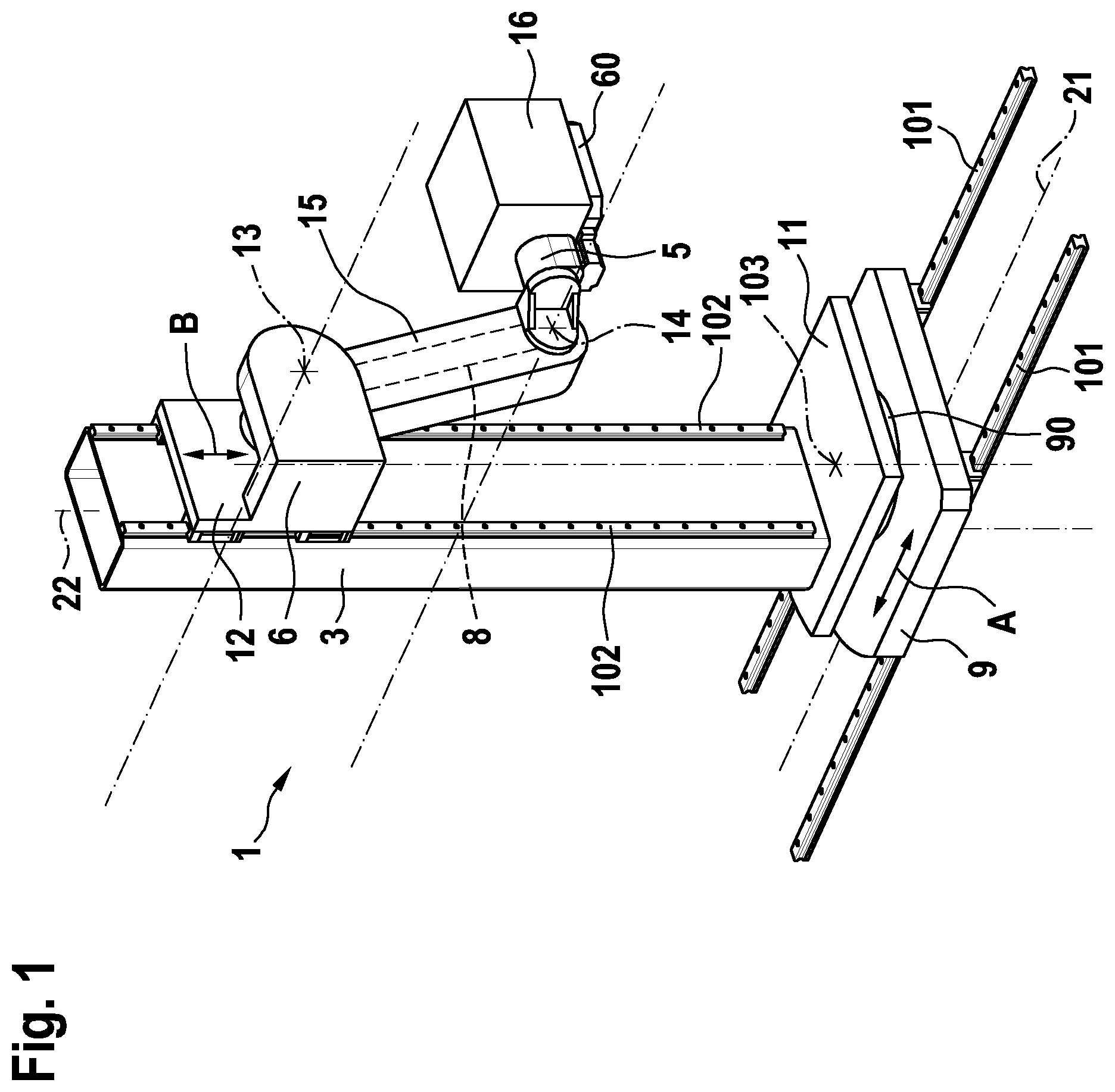 Patent US12611743 Figure 1 – Handling assembly of a machine tool