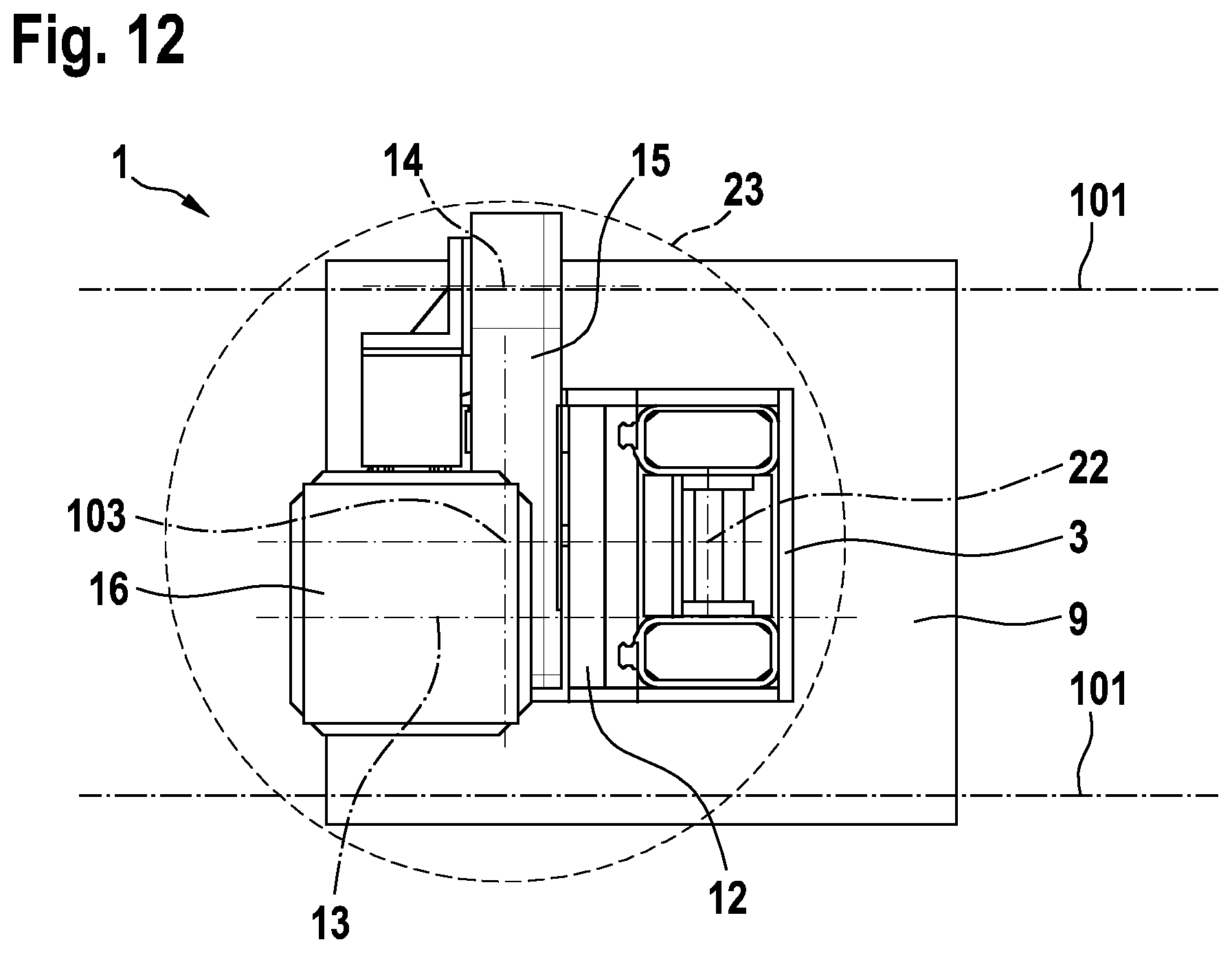 Patent US12611743 Figure 12 – Handling assembly of a machine tool