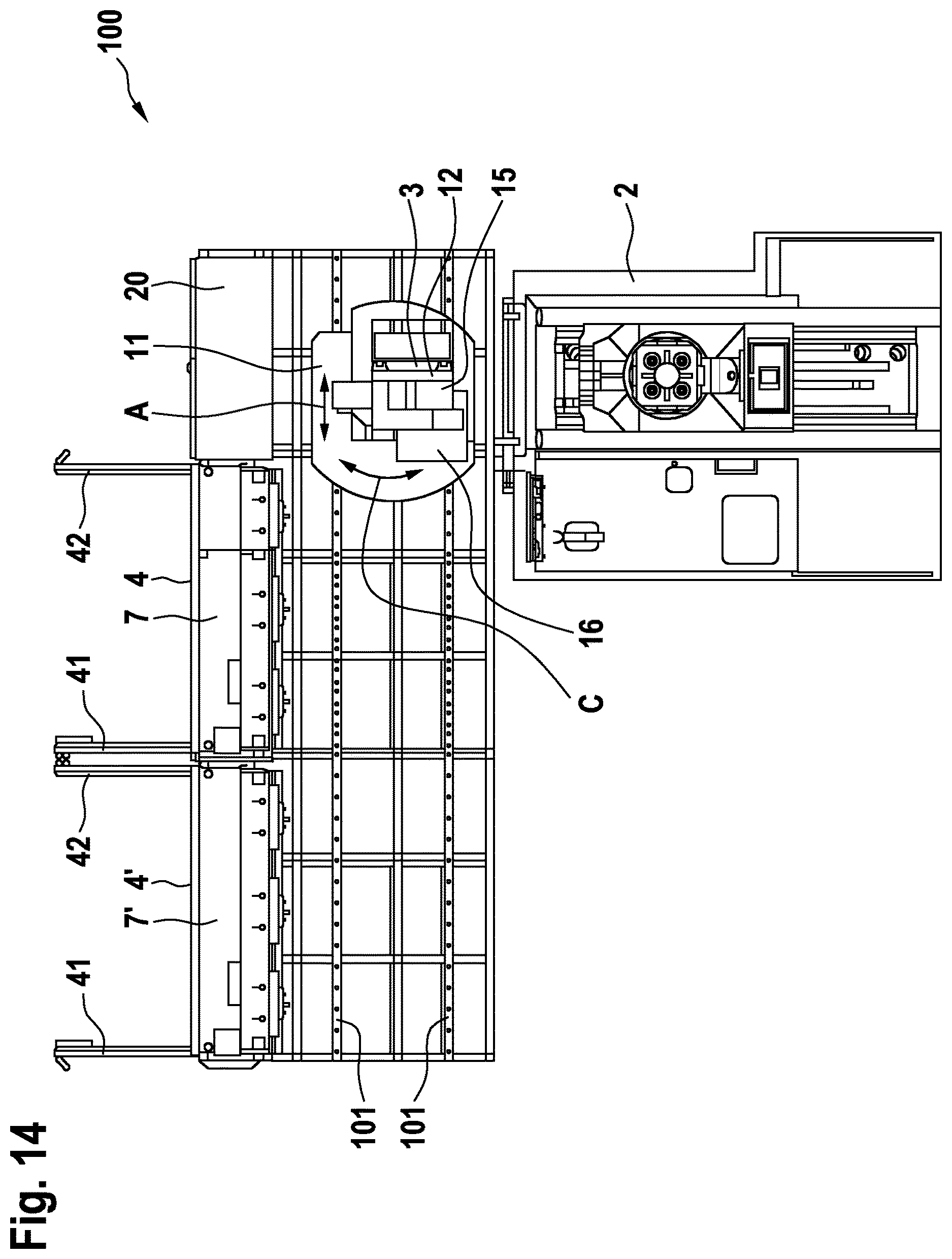 Patent US12611743 Figure 14 – Handling assembly of a machine tool
