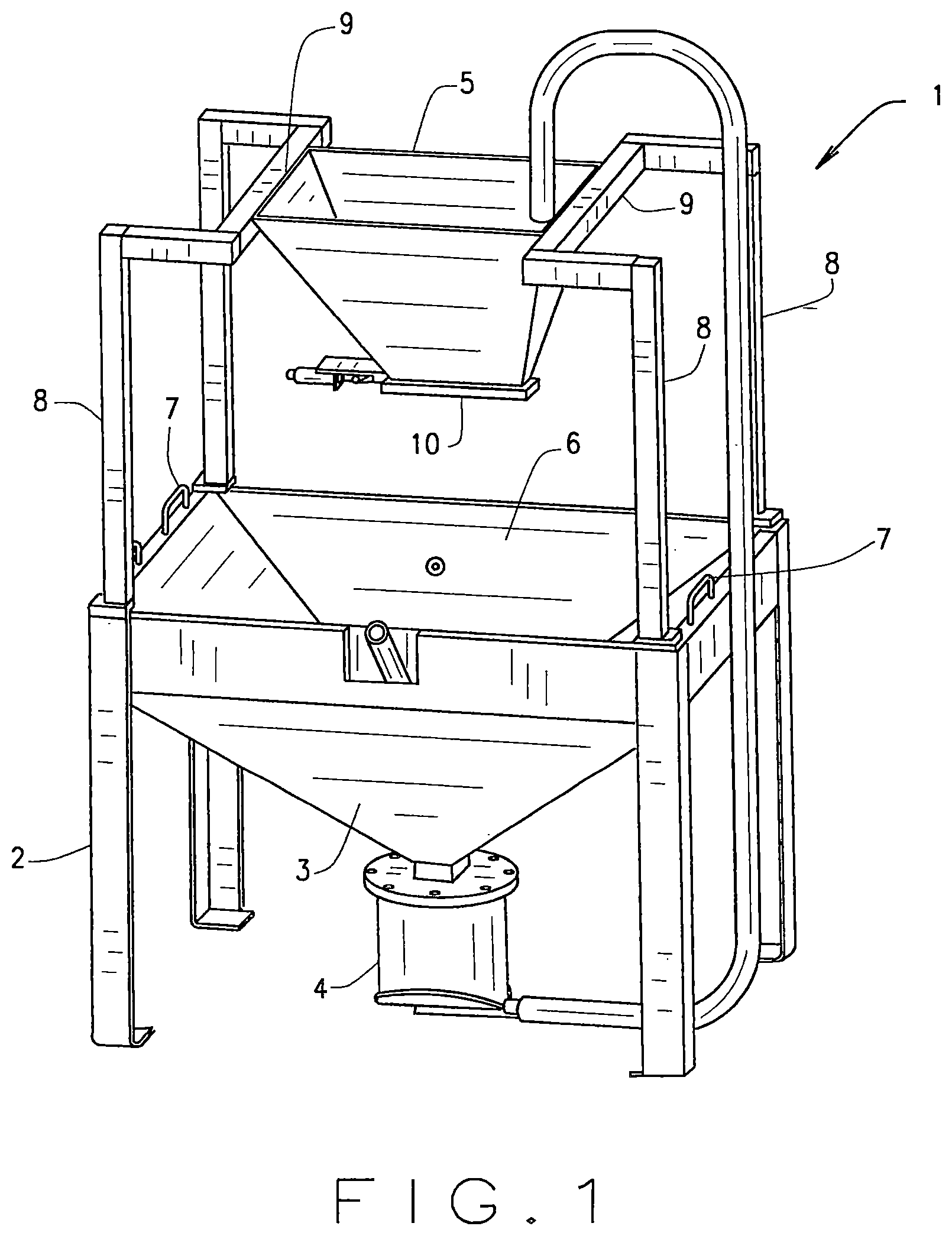 Patent US12611747 Figure 1 – Shot cascading apparatus for cleaning 3D printed components