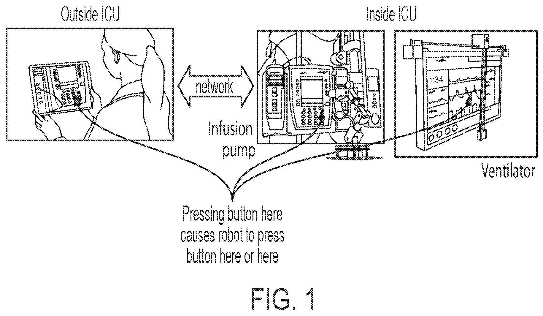 Patent US12611777 Figure 1 – Robotic system for remote operation of equipment in infectious environments