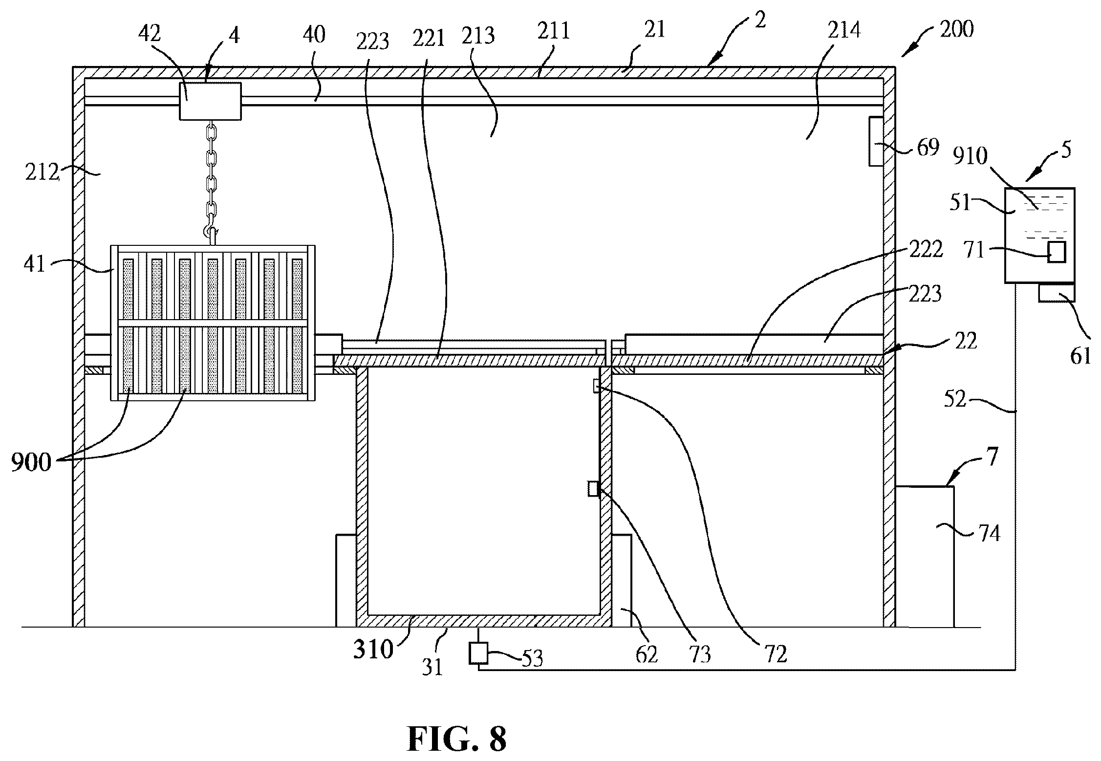 Patent US12611801 Figure 8 – Recycling device and method for laminar structures bonded by cured adhesive
