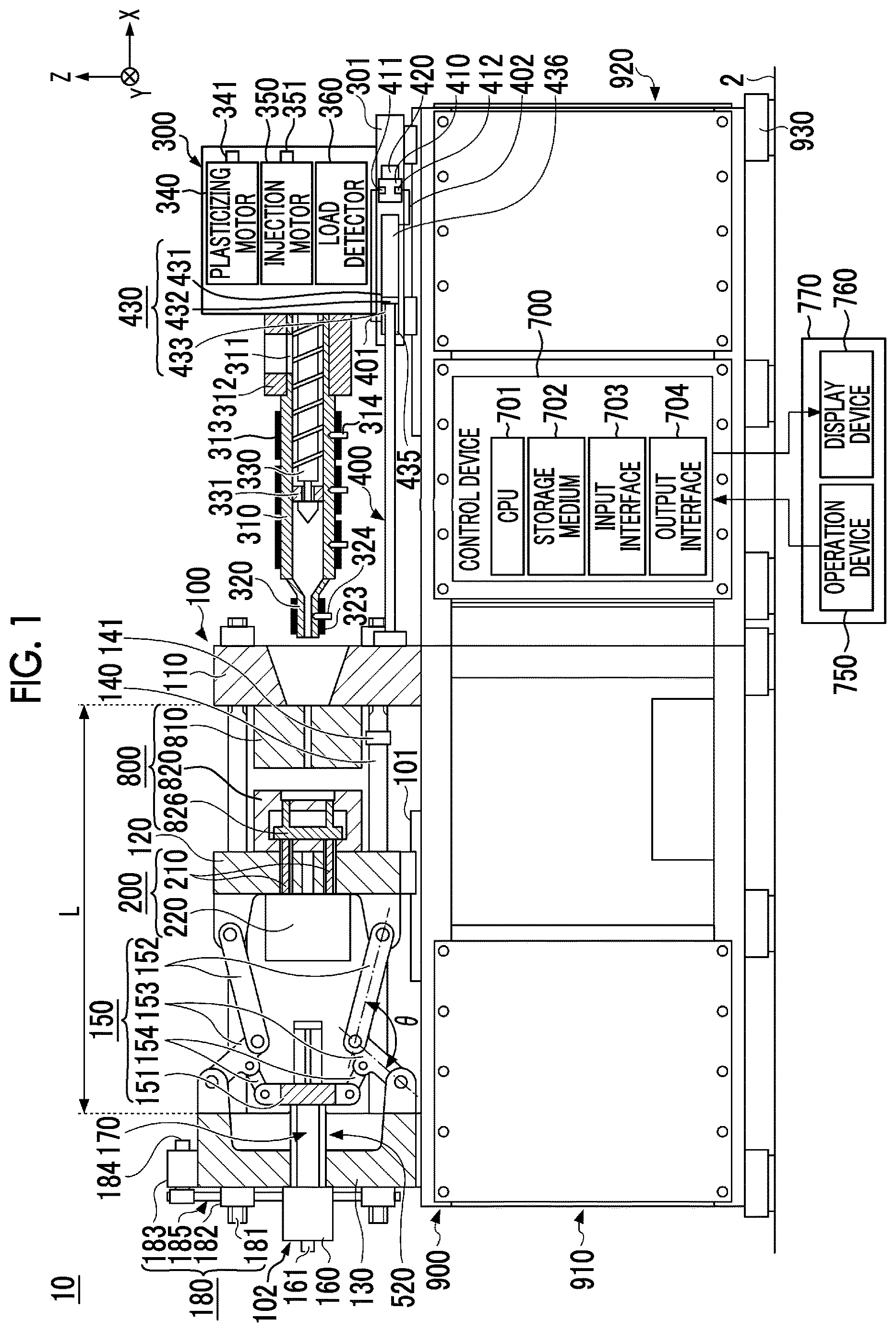 Patent US12611807 Figure 1 – Control device of injection molding machine, injection molding machine, and method of controlling injection molding machine
