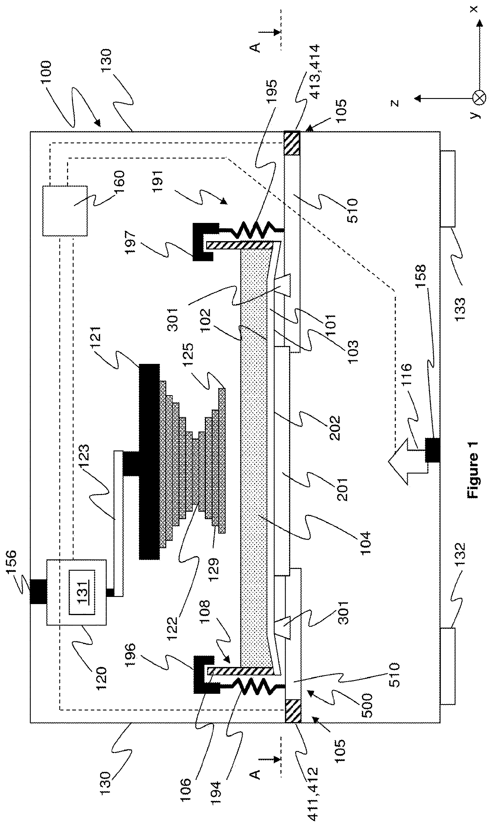 Patent US12611816 Figure 1 – Apparatus for making a stereolithographic object, methods for making a stereolithographic object, a method for locating the position of debris, and a method for monitoring consumption of a material for making a stereolithographic object