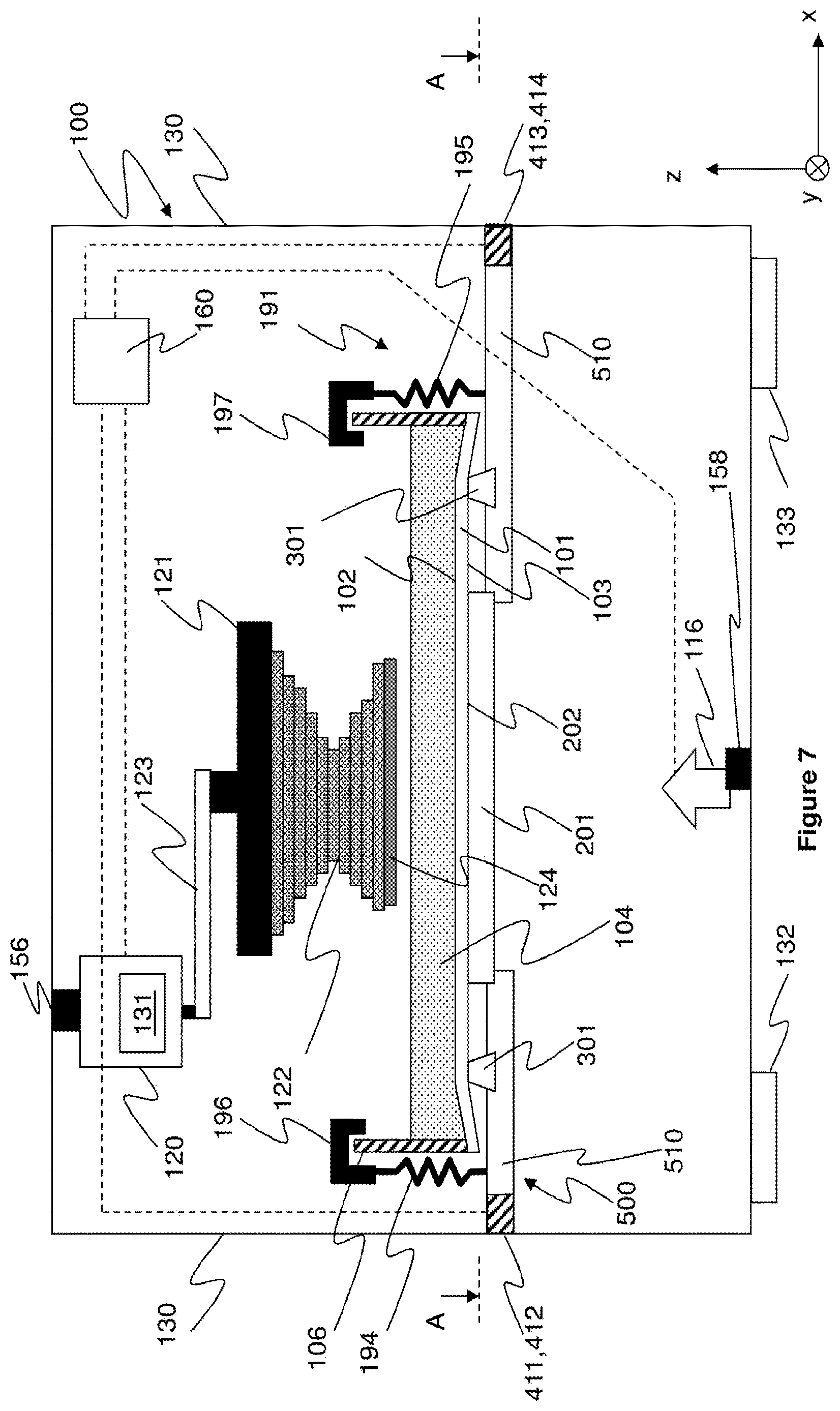 Patent US12611816 Figure 7 – Apparatus for making a stereolithographic object, methods for making a stereolithographic object, a method for locating the position of debris, and a method for monitoring consumption of a material for making a stereolithographic object