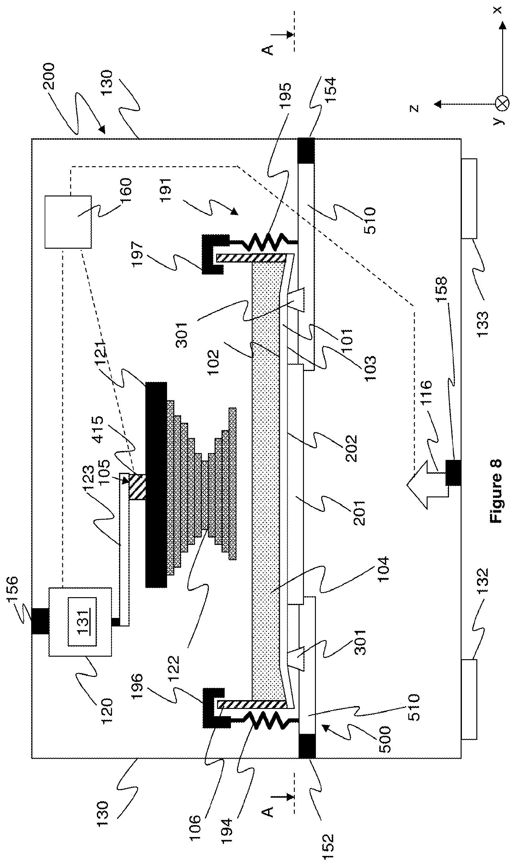Patent US12611816 Figure 8 – Apparatus for making a stereolithographic object, methods for making a stereolithographic object, a method for locating the position of debris, and a method for monitoring consumption of a material for making a stereolithographic object