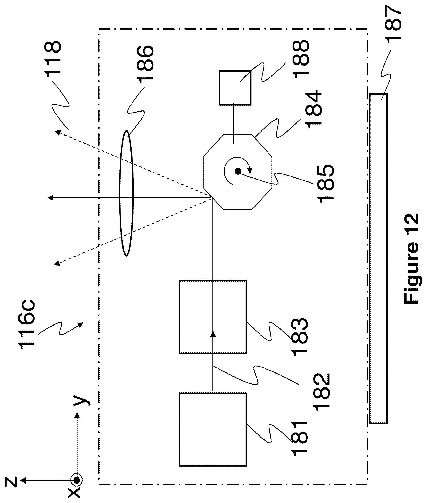 Patent US12611816 Figure 12 – Apparatus for making a stereolithographic object, methods for making a stereolithographic object, a method for locating the position of debris, and a method for monitoring consumption of a material for making a stereolithographic object