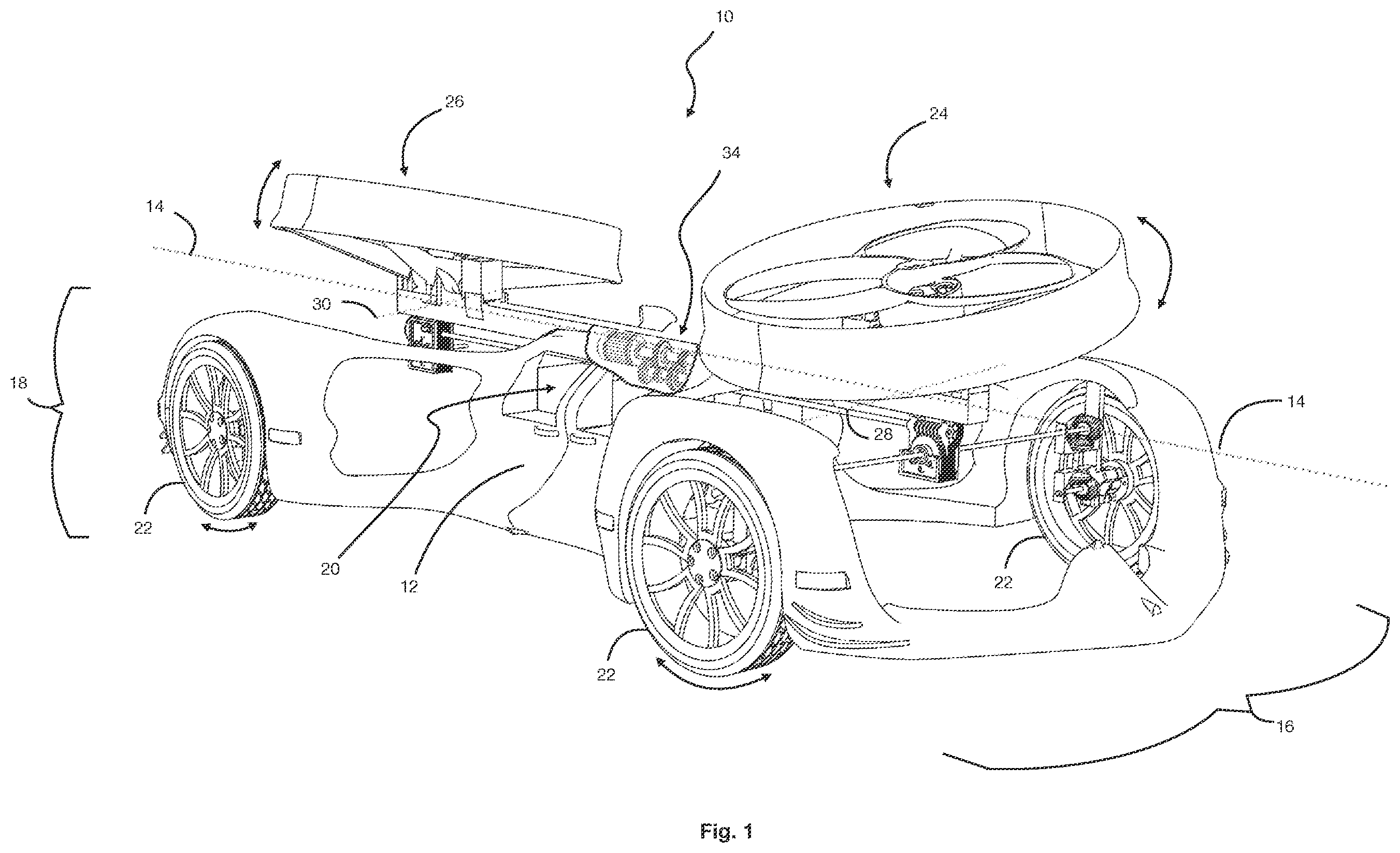 Patent US12611901 Figure 1 – Flying automobile with inline tiltable dual rotors