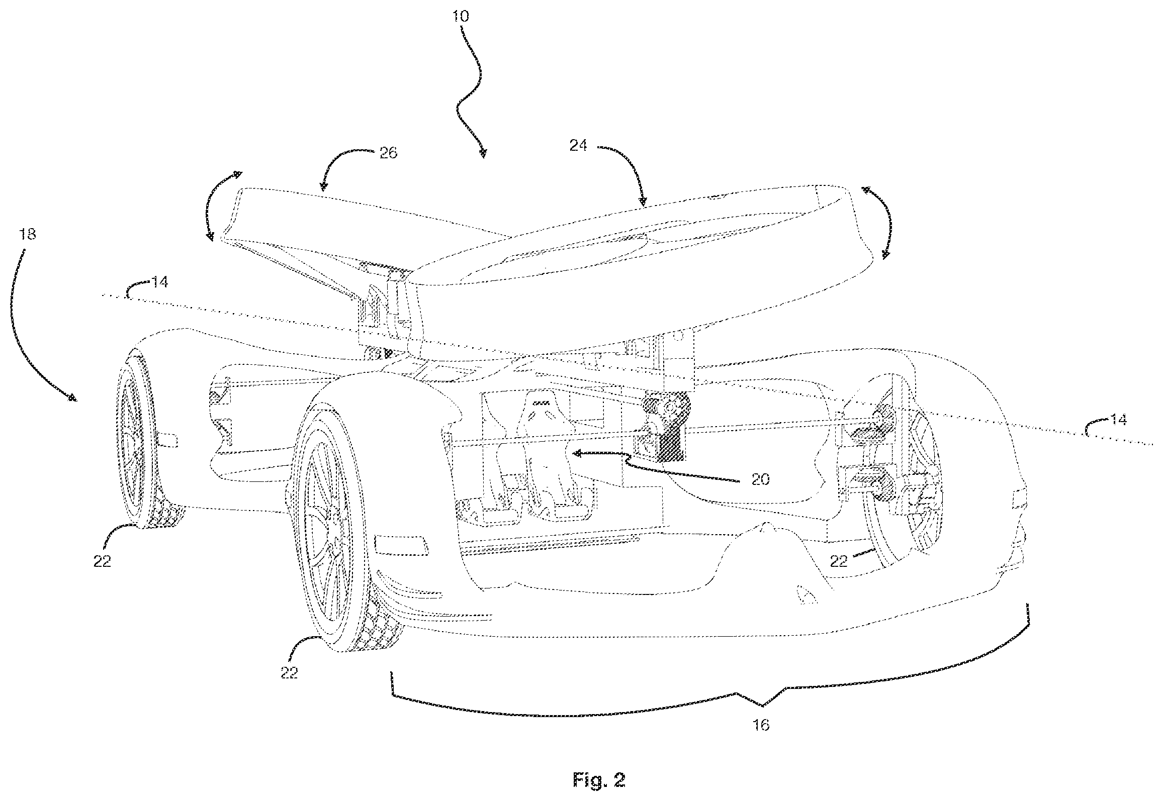 Patent US12611901 Figure 2 – Flying automobile with inline tiltable dual rotors