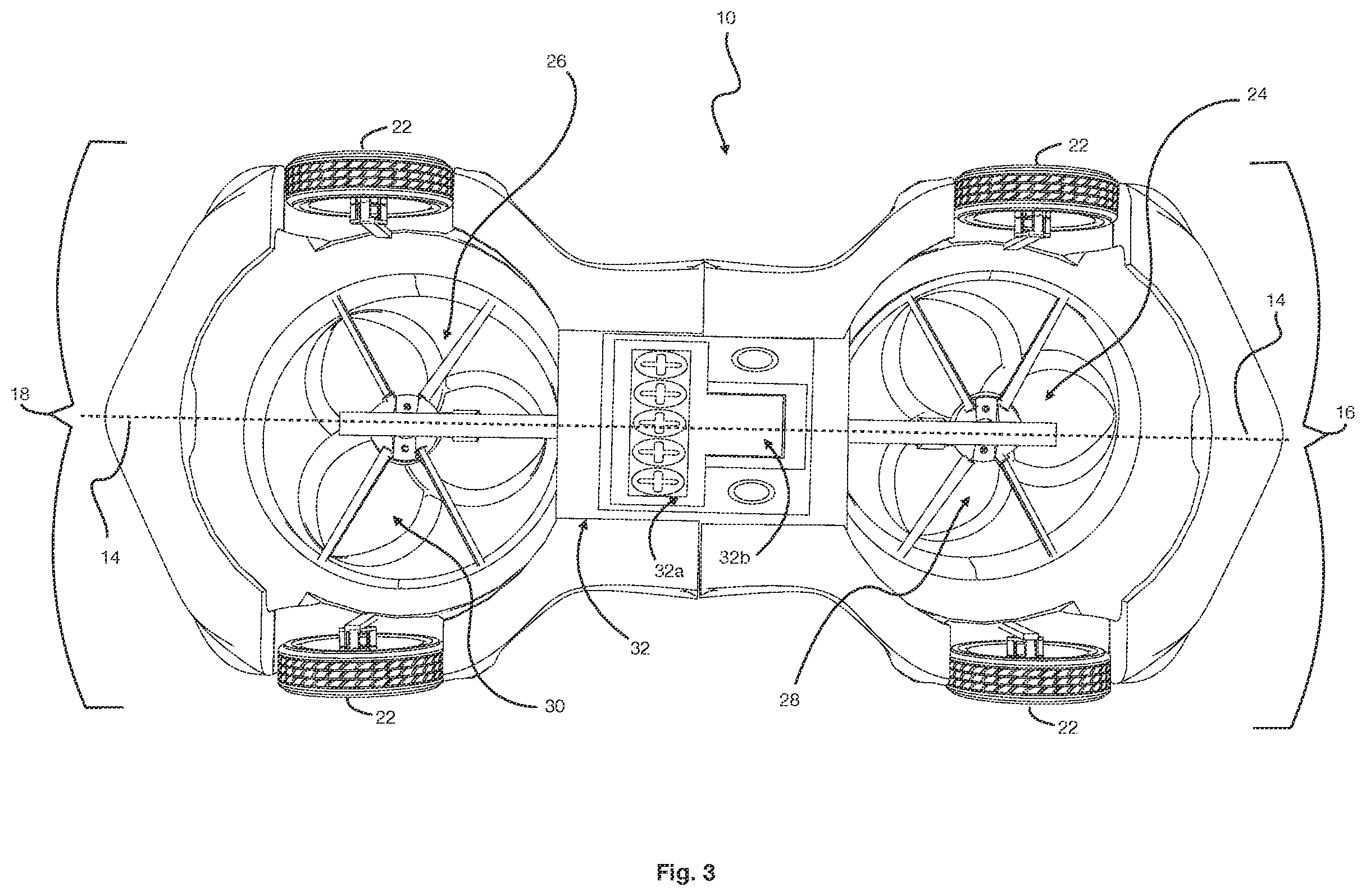 Patent US12611901 Figure 3 – Flying automobile with inline tiltable dual rotors