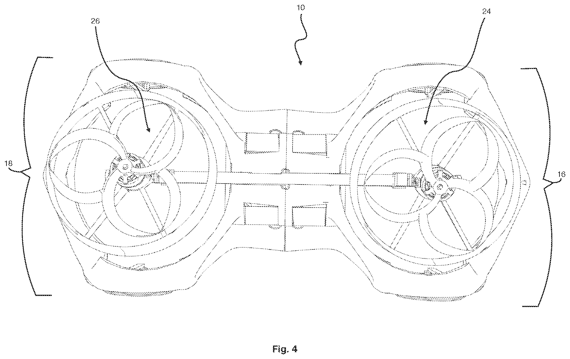 Patent US12611901 Figure 4 – Flying automobile with inline tiltable dual rotors