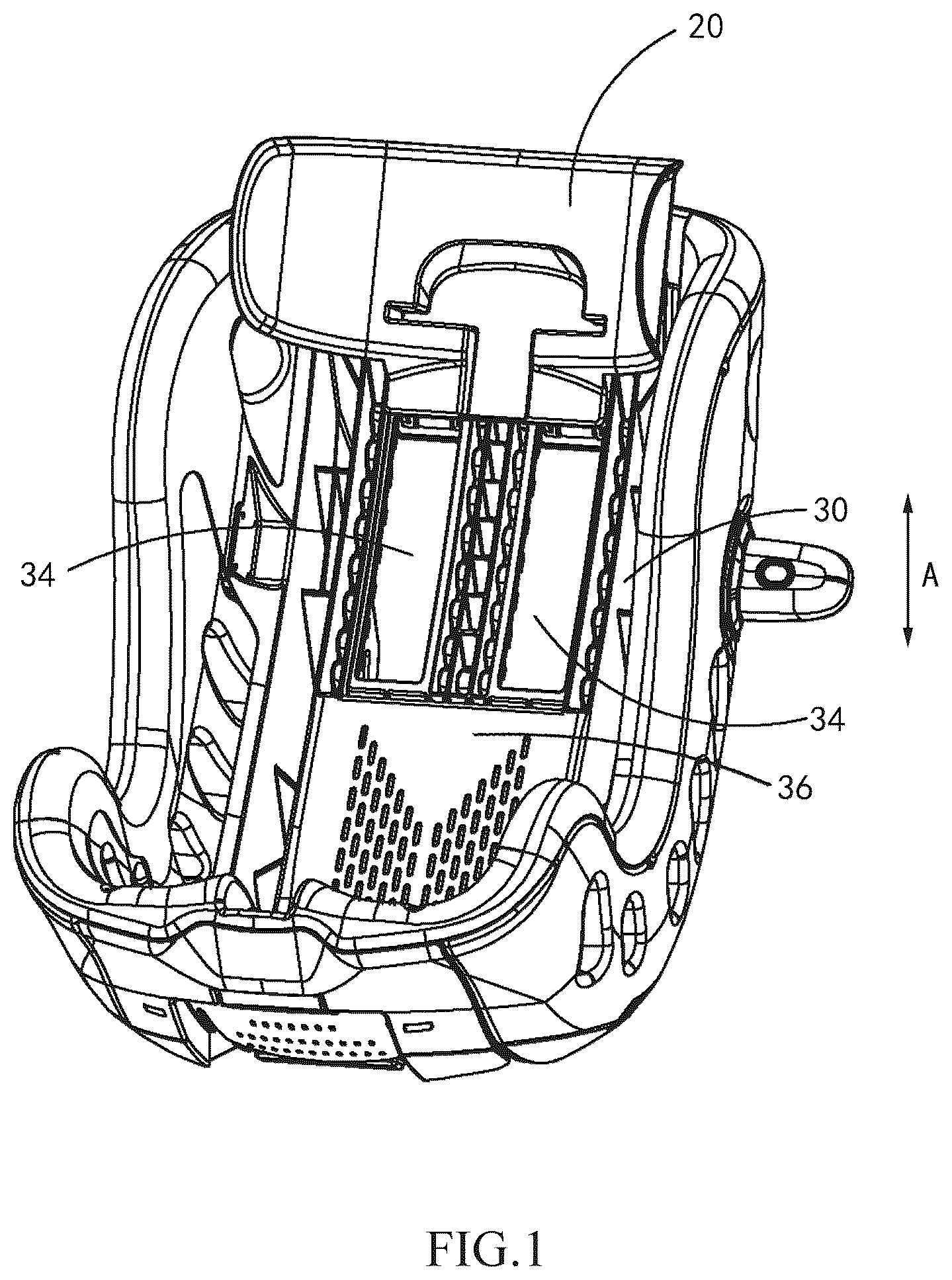 Patent US12611973 Figure 1 – Headrest height adjustment mechanism and child safety seat
