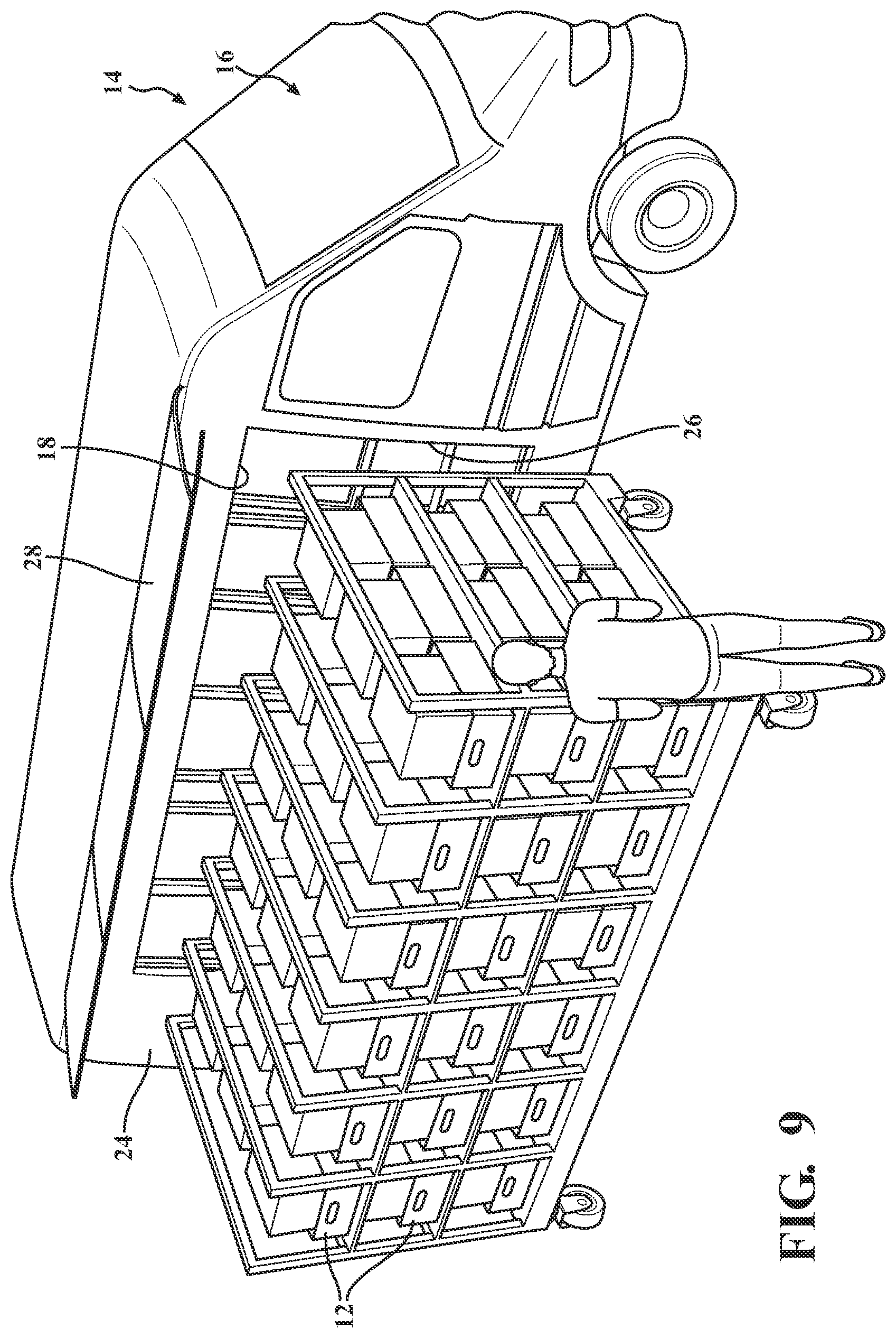 Patent US12611977 Figure 8 – Automatic shelving system for a vehicle
