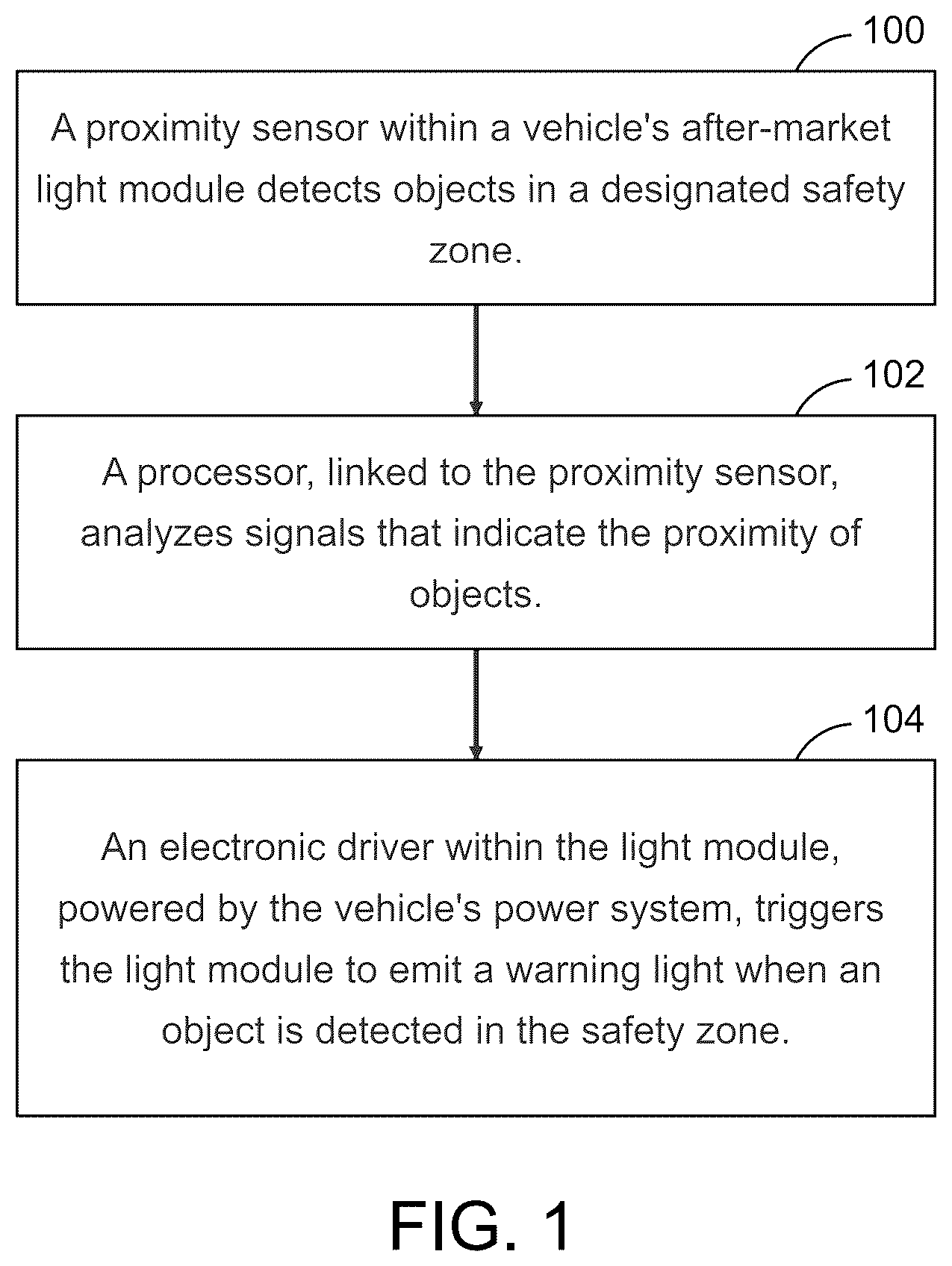 Patent US12611987 Figure 1 – Vehicle collision warning system with proximity sensing and approaching vehicle warning signal generation