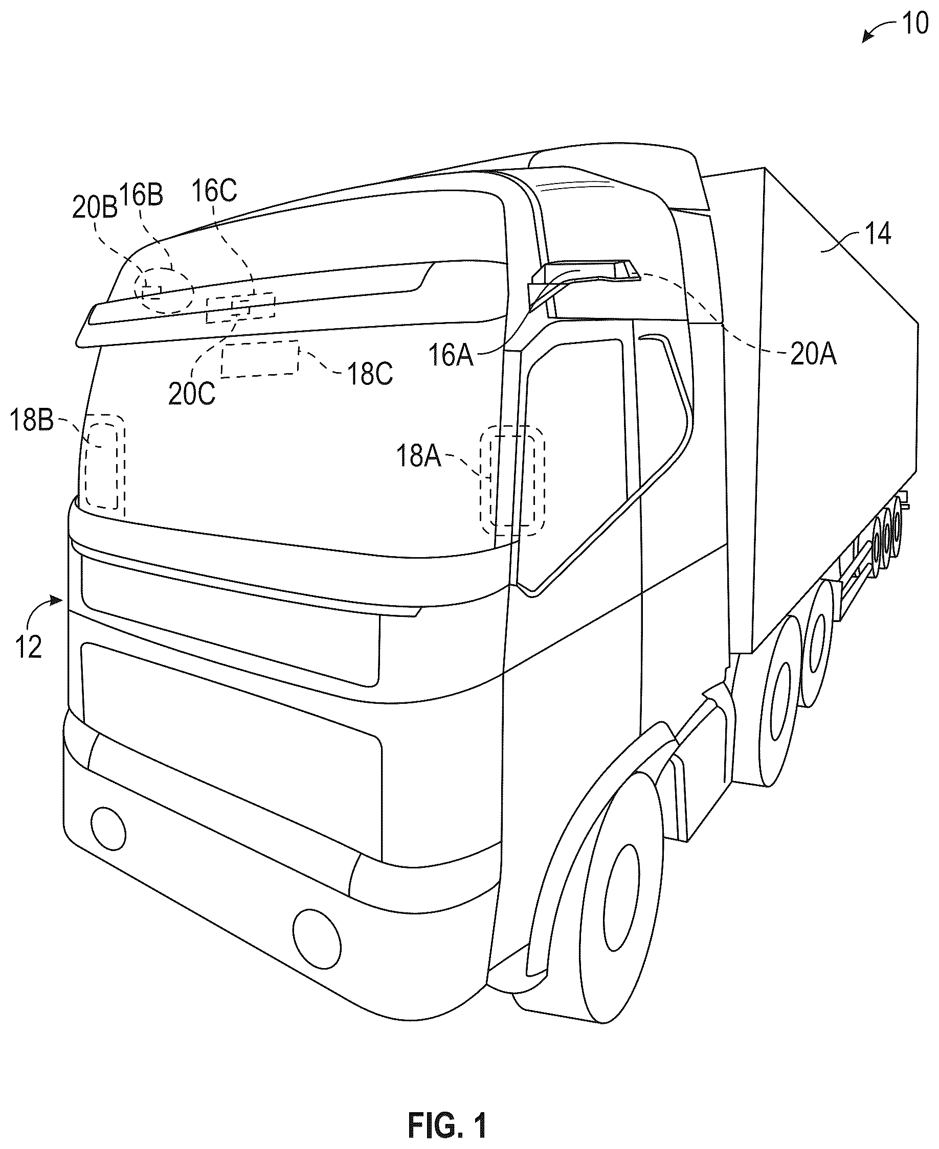 Patent US12611990 Figure 1 – Commercial vehicle camera monitor system with trailer wheel base estimation