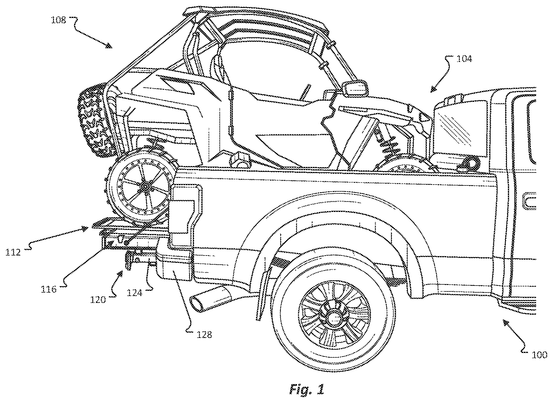 Patent US12611993 Figure 1 – Pickup bed ramp and rail assembly
