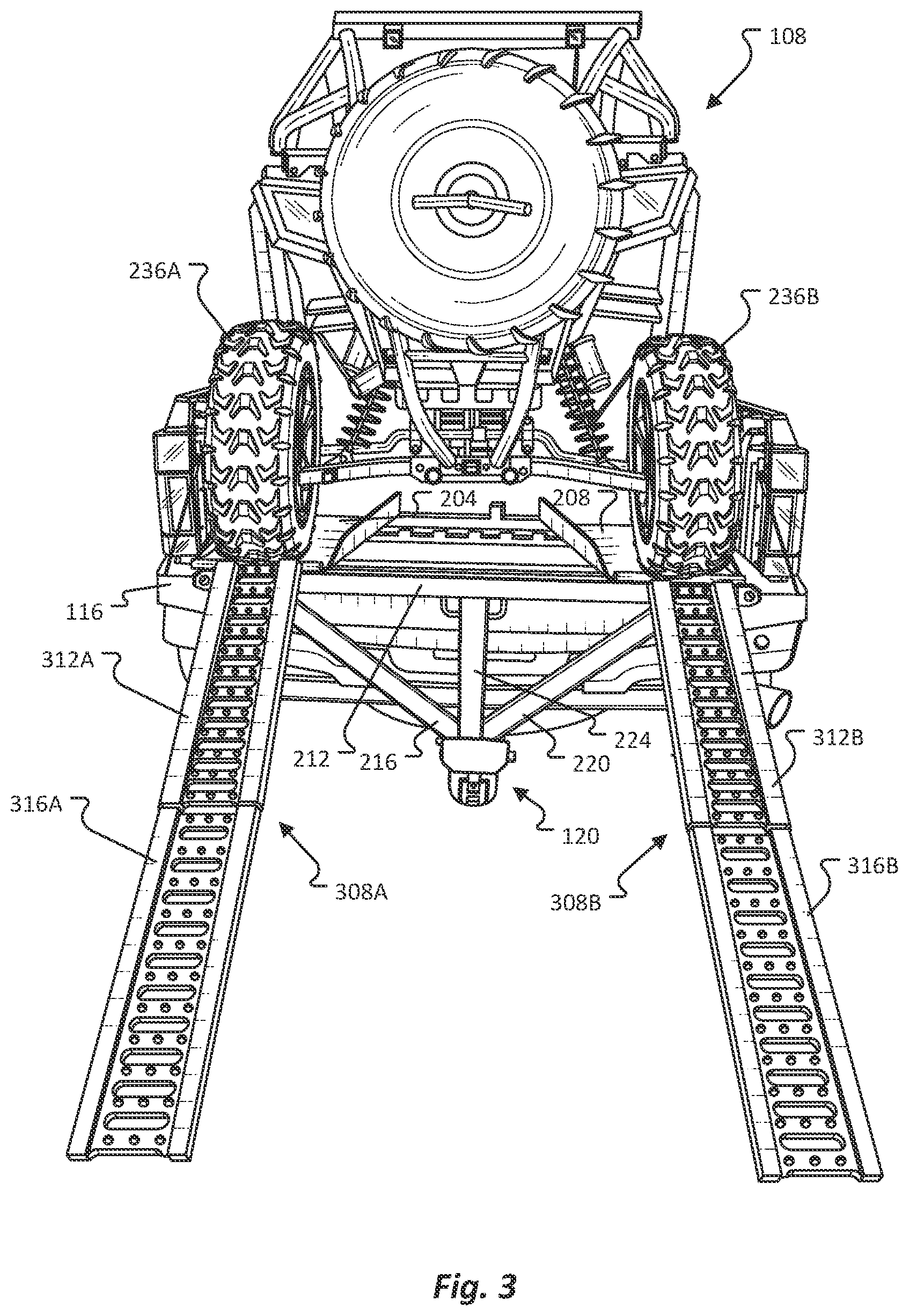 Patent US12611993 Figure 3 – Pickup bed ramp and rail assembly