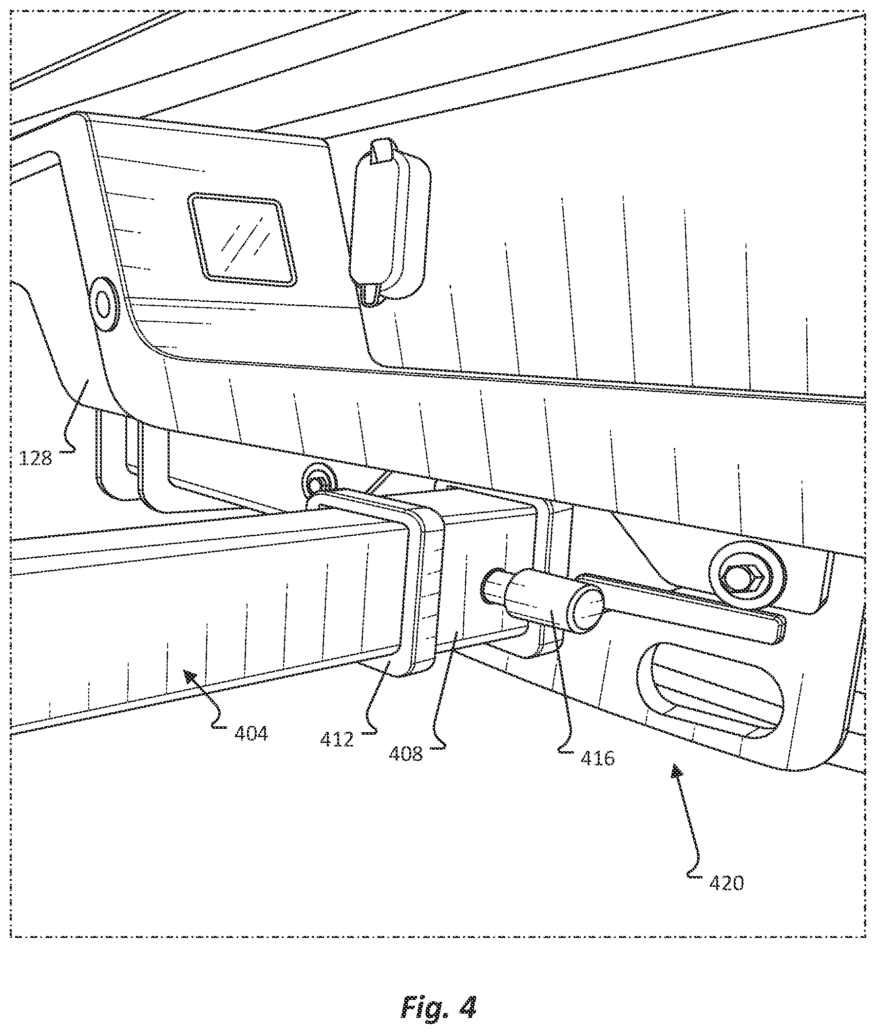 Patent US12611993 Figure 4 – Pickup bed ramp and rail assembly