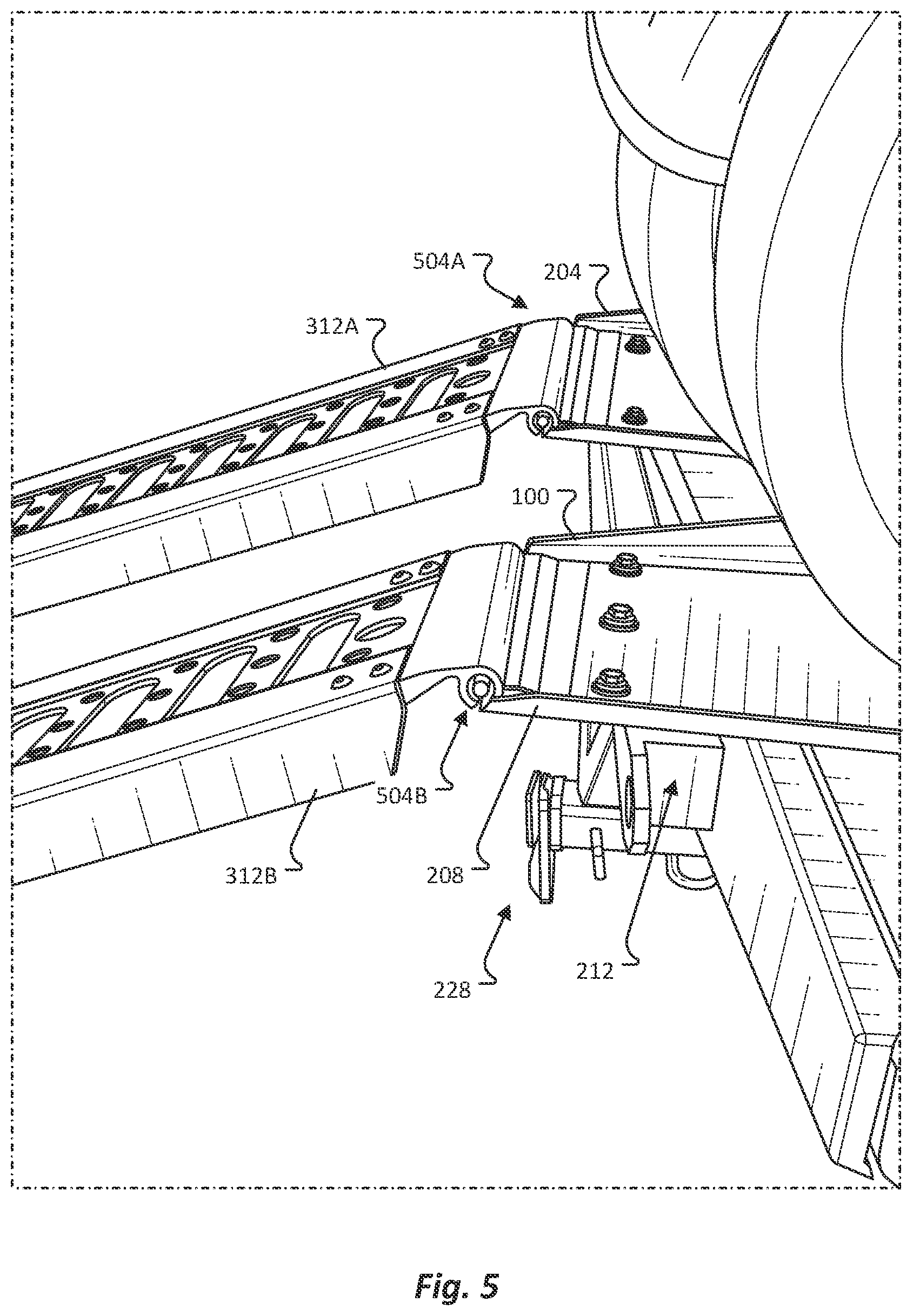 Patent US12611993 Figure 5 – Pickup bed ramp and rail assembly