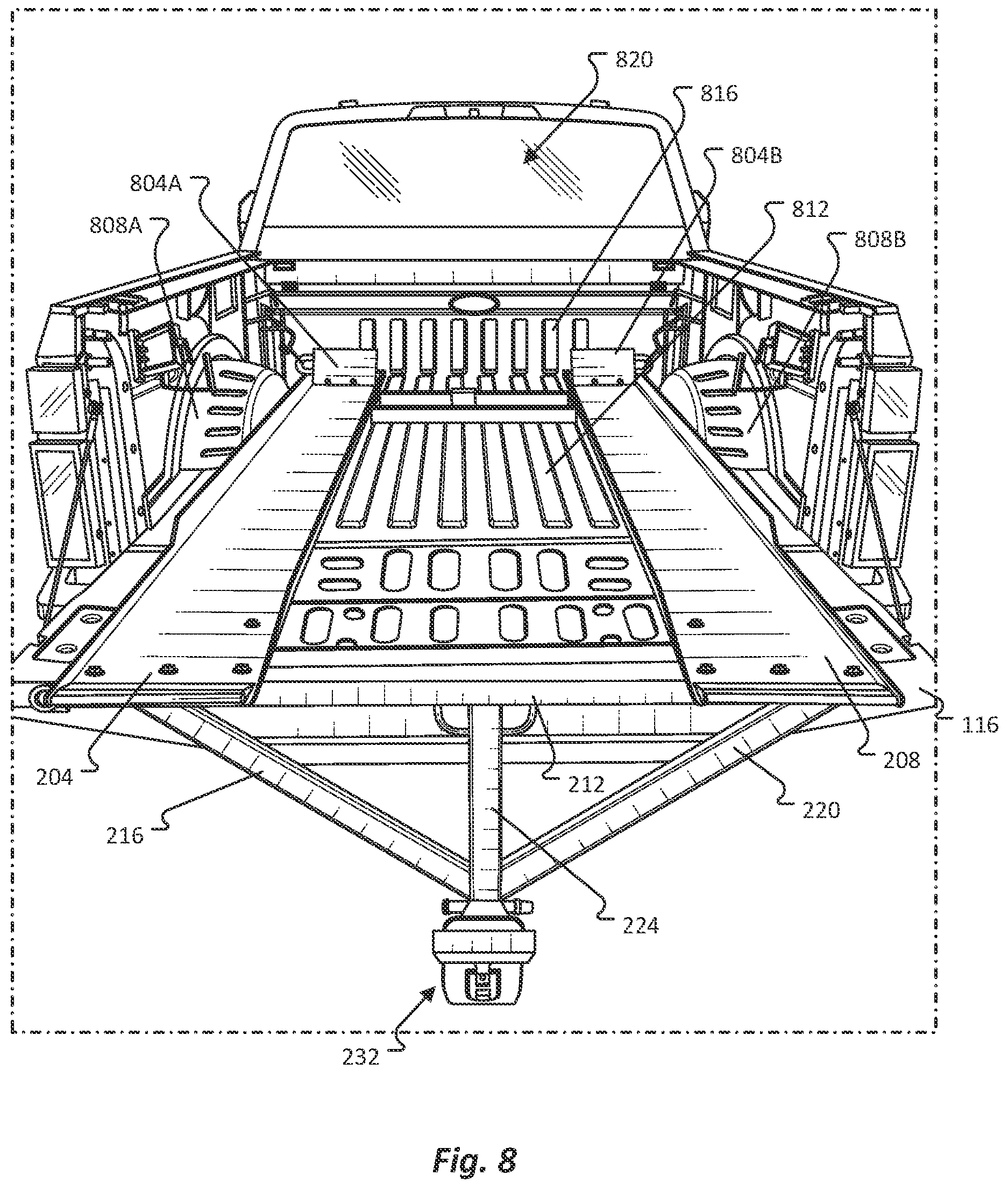 Patent US12611993 Figure 8 – Pickup bed ramp and rail assembly