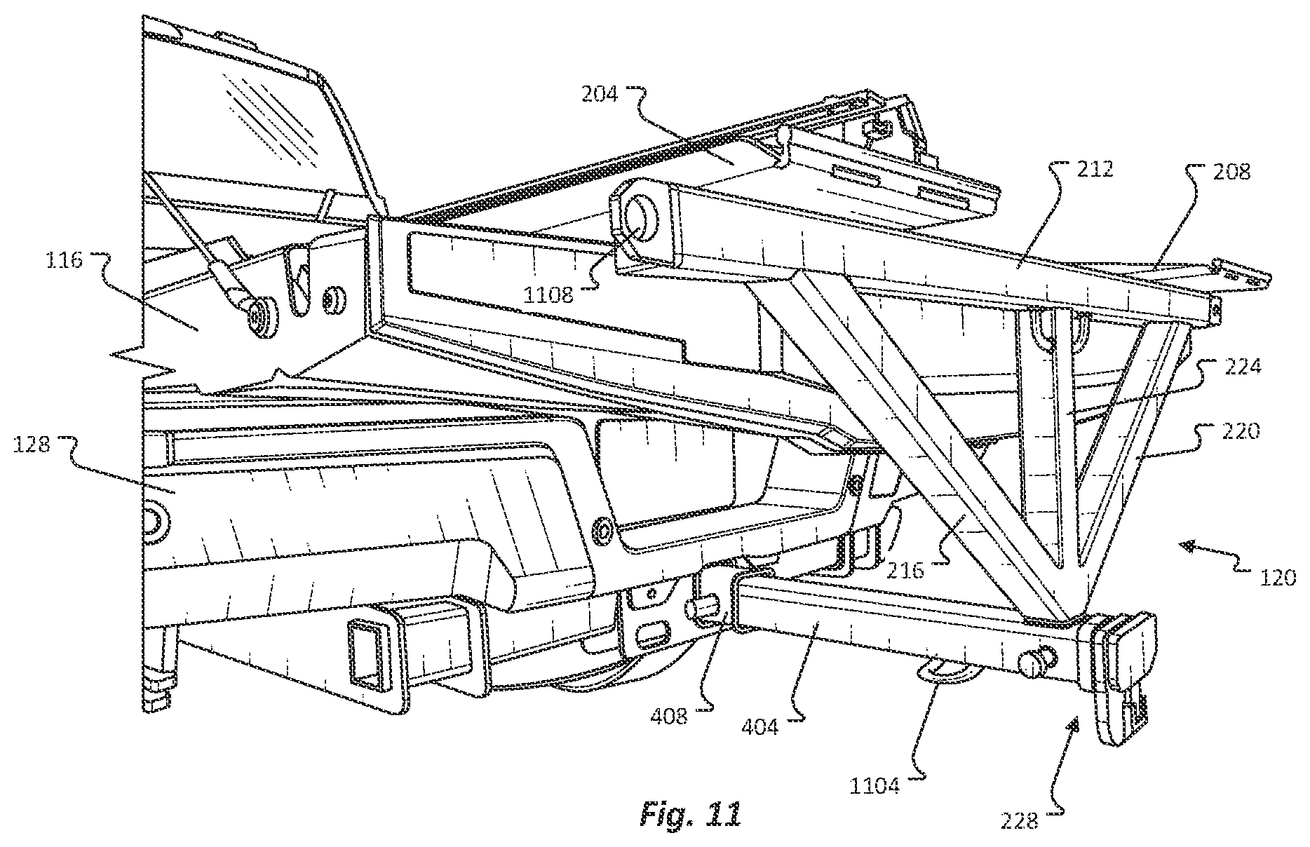 Patent US12611993 Figure 11 – Pickup bed ramp and rail assembly