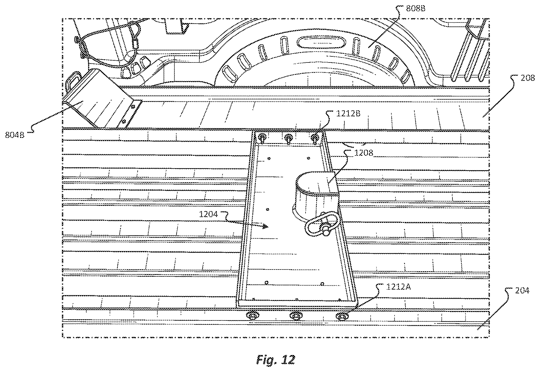 Patent US12611993 Figure 12 – Pickup bed ramp and rail assembly