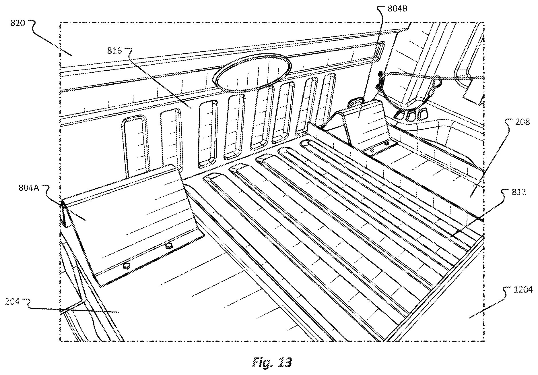 Patent US12611993 Figure 13 – Pickup bed ramp and rail assembly