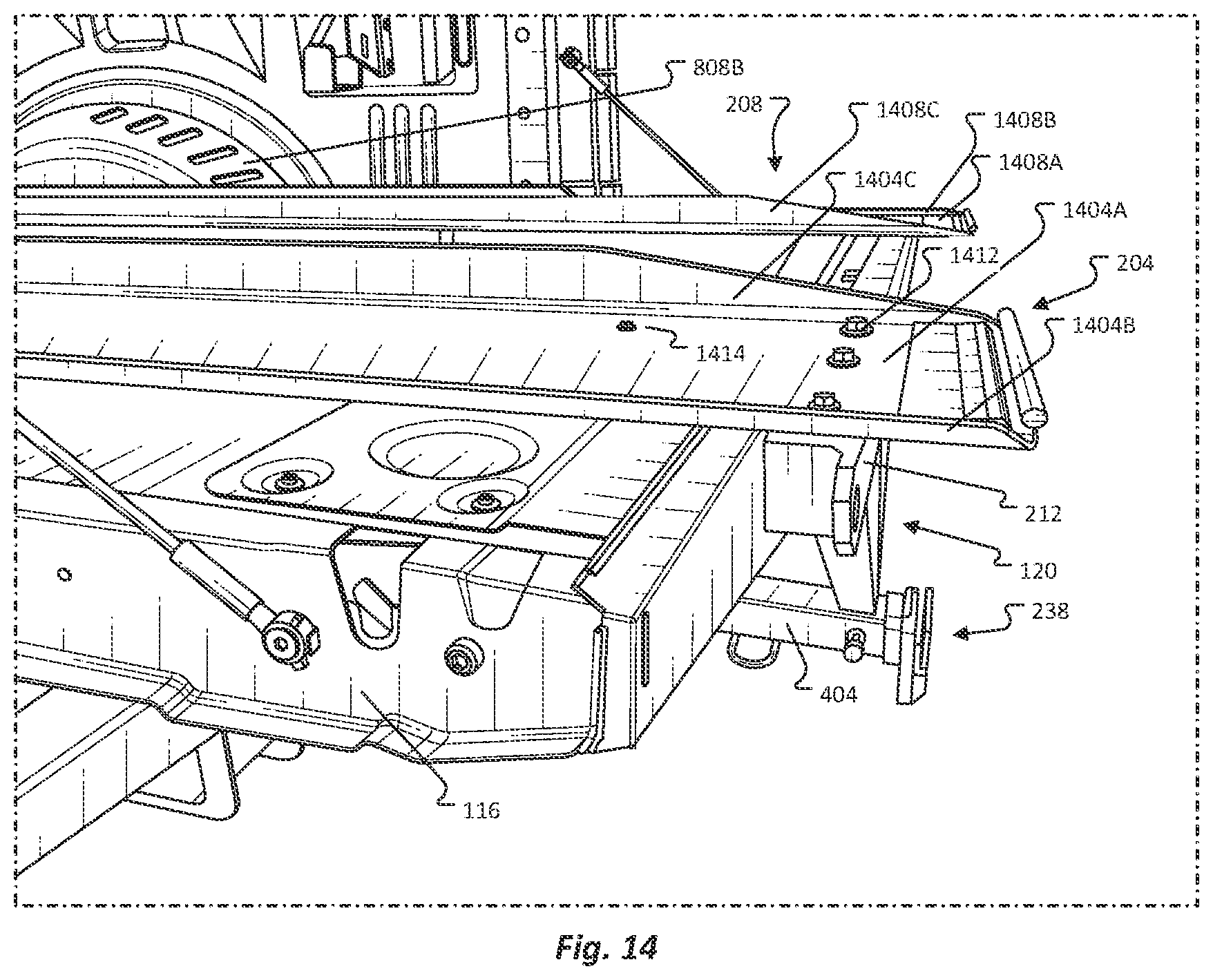 Patent US12611993 Figure 14 – Pickup bed ramp and rail assembly