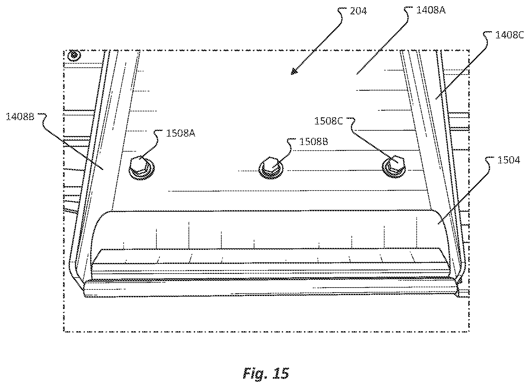 Patent US12611993 Figure 15 – Pickup bed ramp and rail assembly