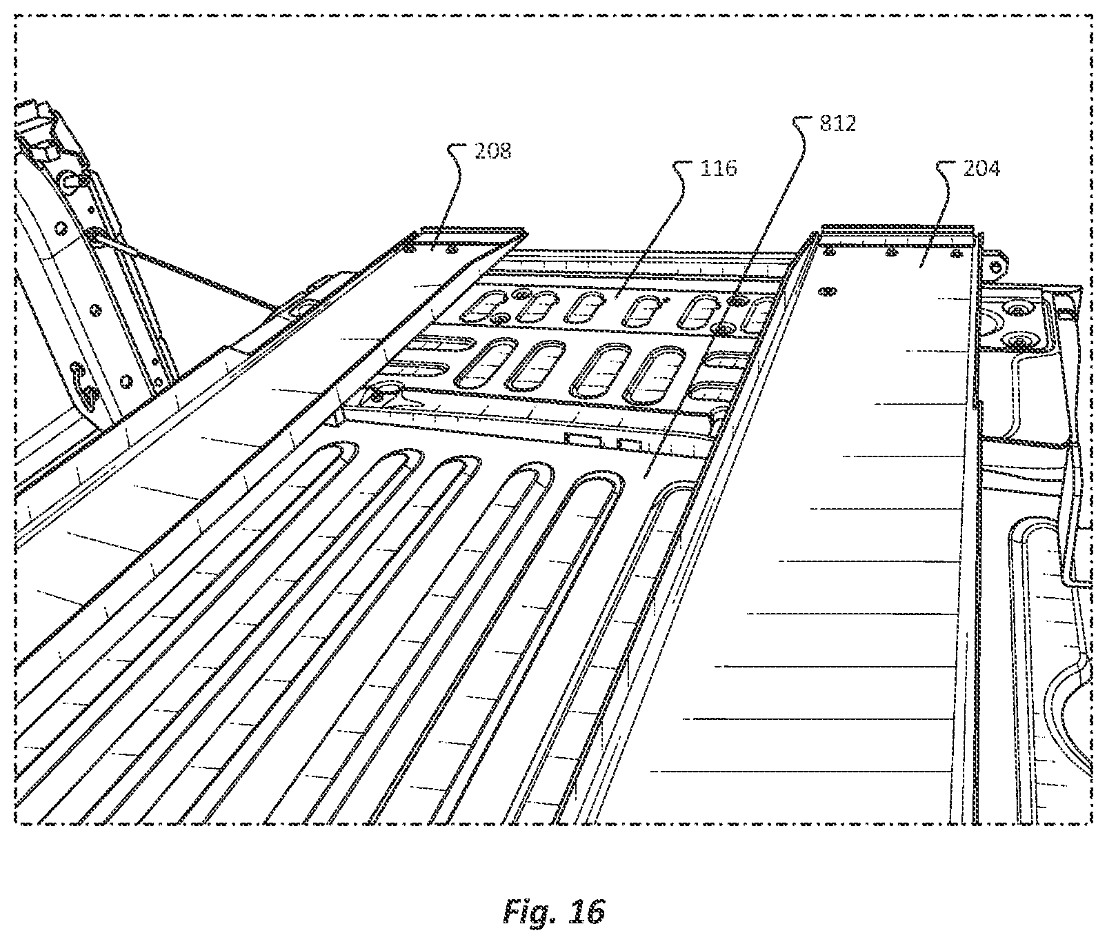 Patent US12611993 Figure 16 – Pickup bed ramp and rail assembly