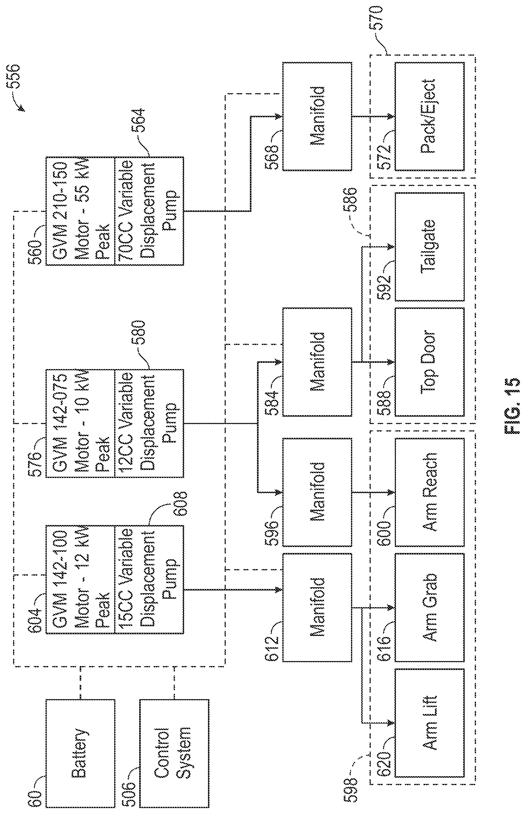 Patent US12612000 Figure 15 – Route planning based control of a refuse vehicle hydraulic system