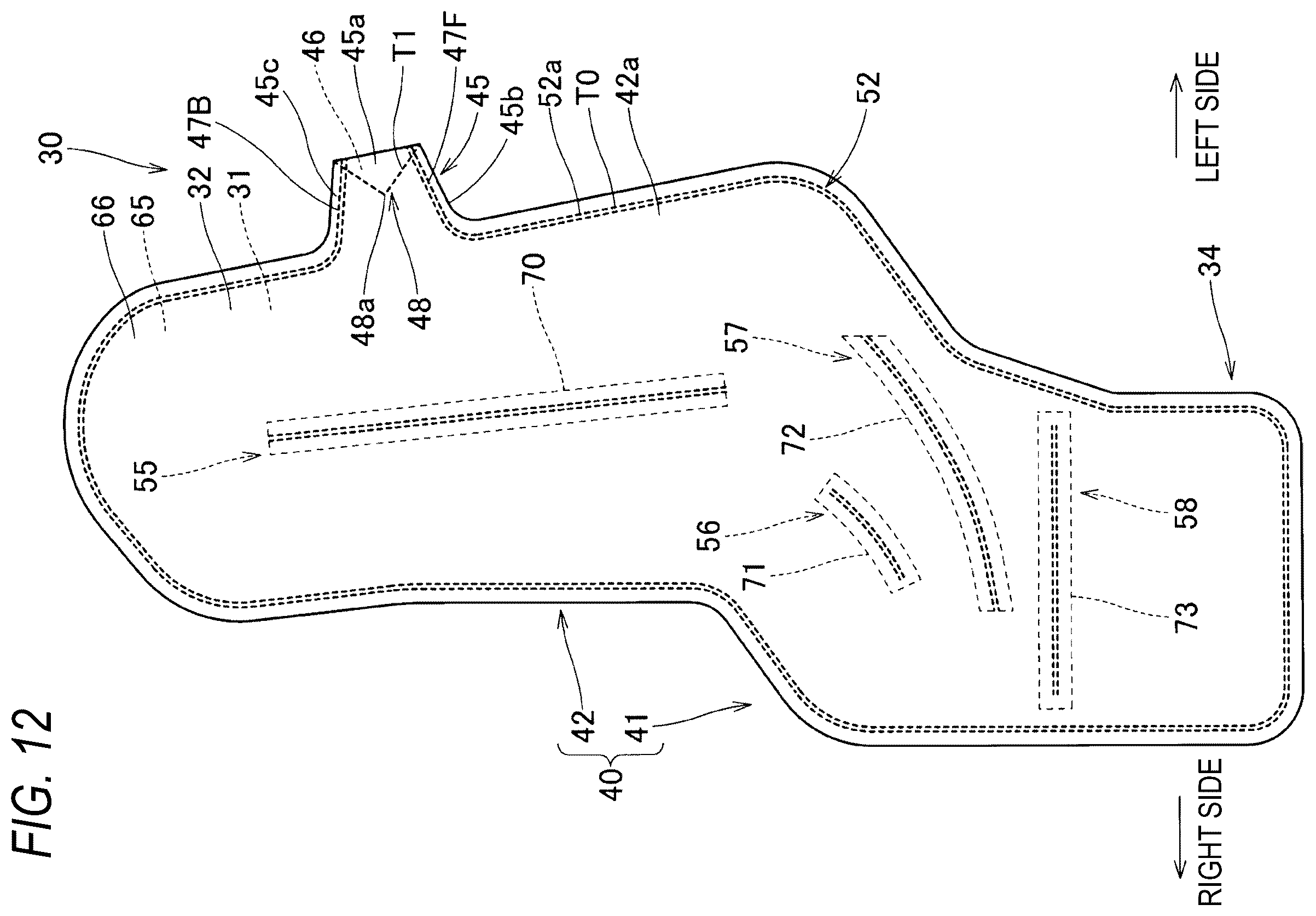 Patent US12612008 Figure 12 – Pedestrian protection airbag and pedestrian airbag device