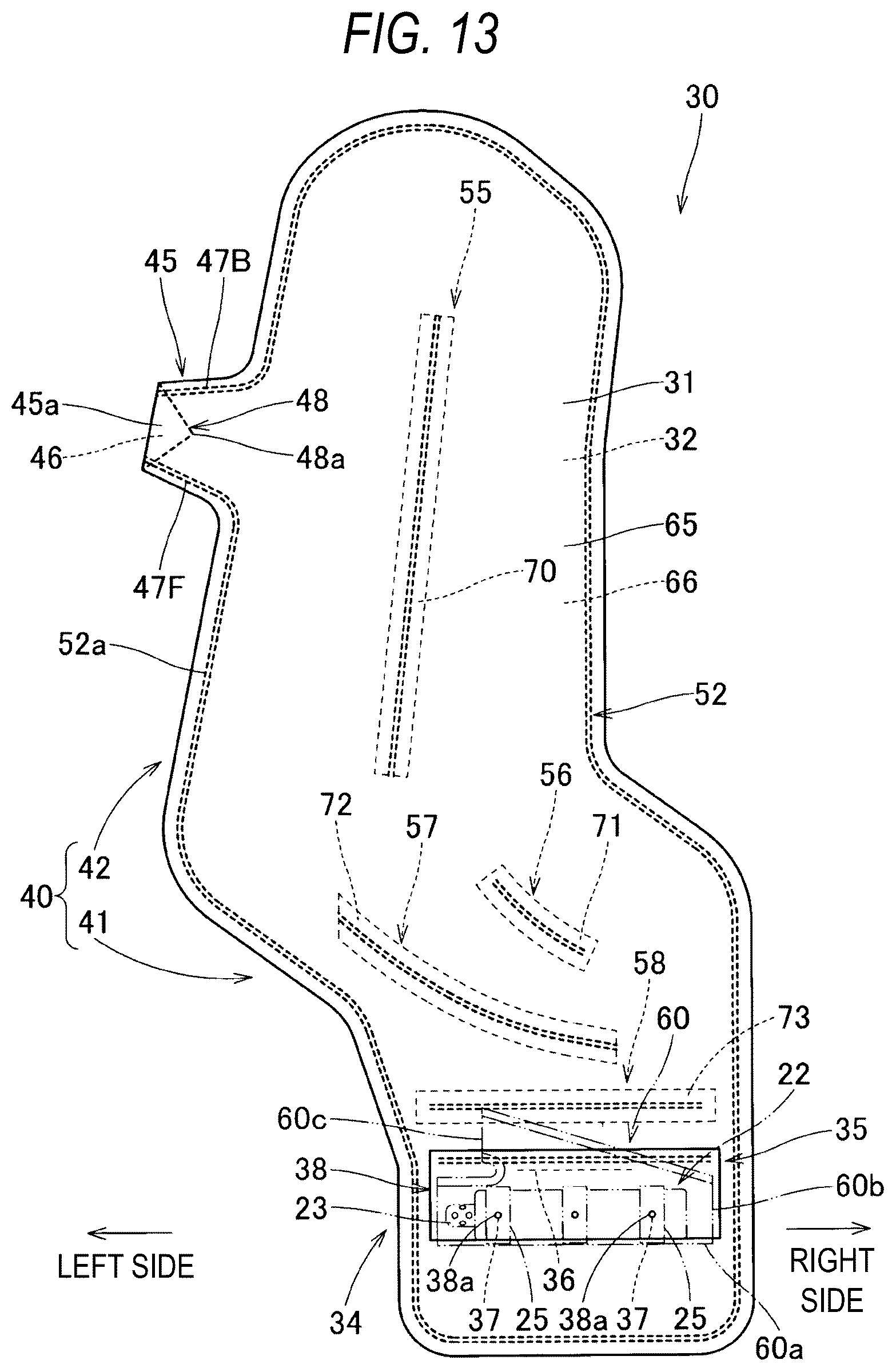 Patent US12612008 Figure 13 – Pedestrian protection airbag and pedestrian airbag device