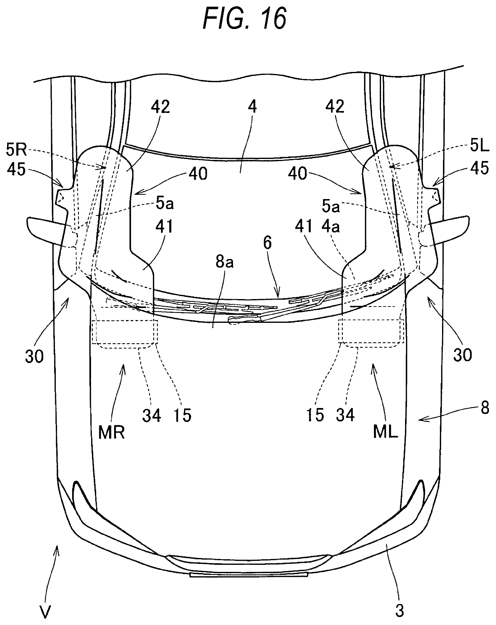 Patent US12612008 Figure 16 – Pedestrian protection airbag and pedestrian airbag device