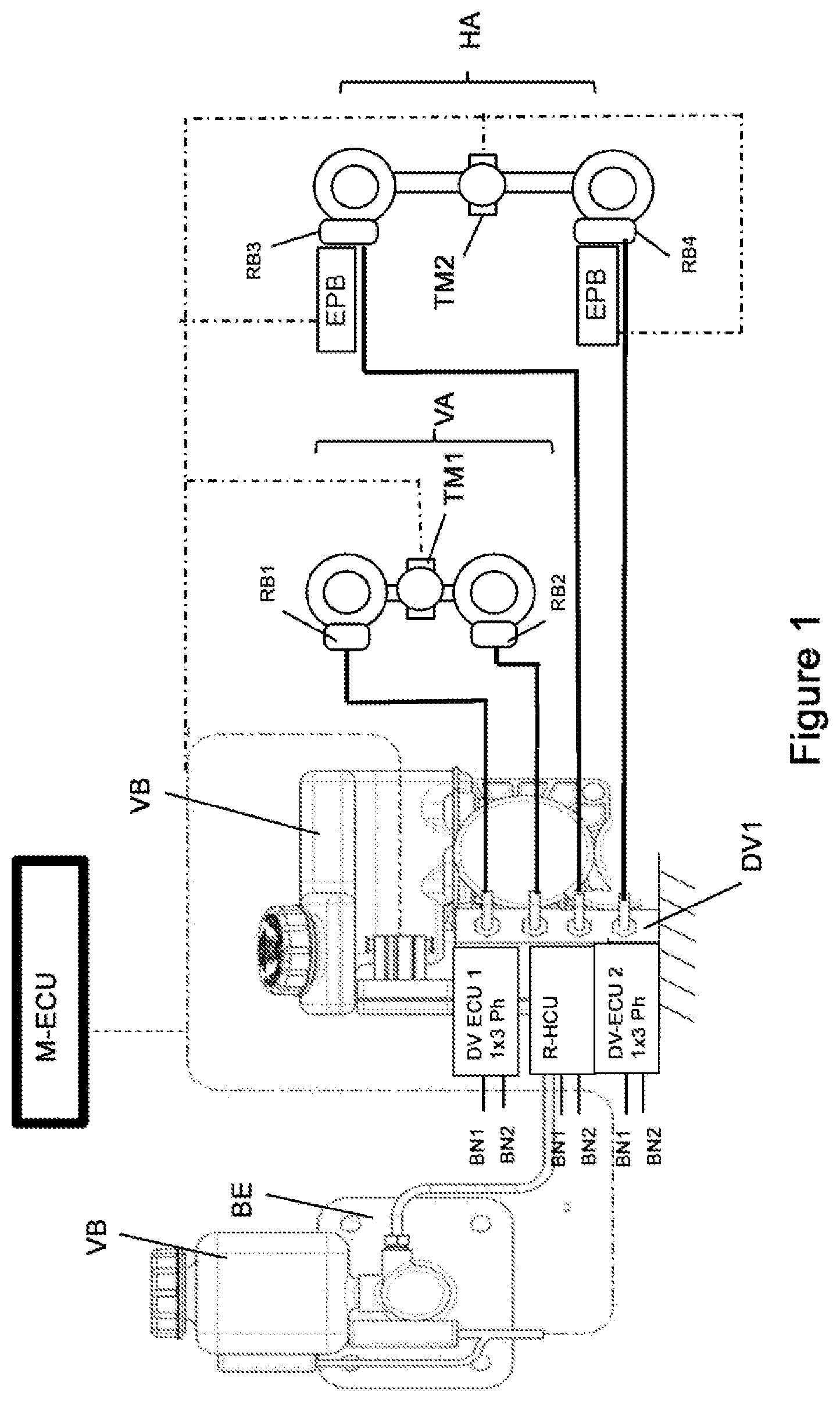 Patent US12612021 — Redundant braking system having pressure supply for electric vehicles and vehicles having autonomous driving of level 3 (HAD) to level 4 (FAD) — Figure 1