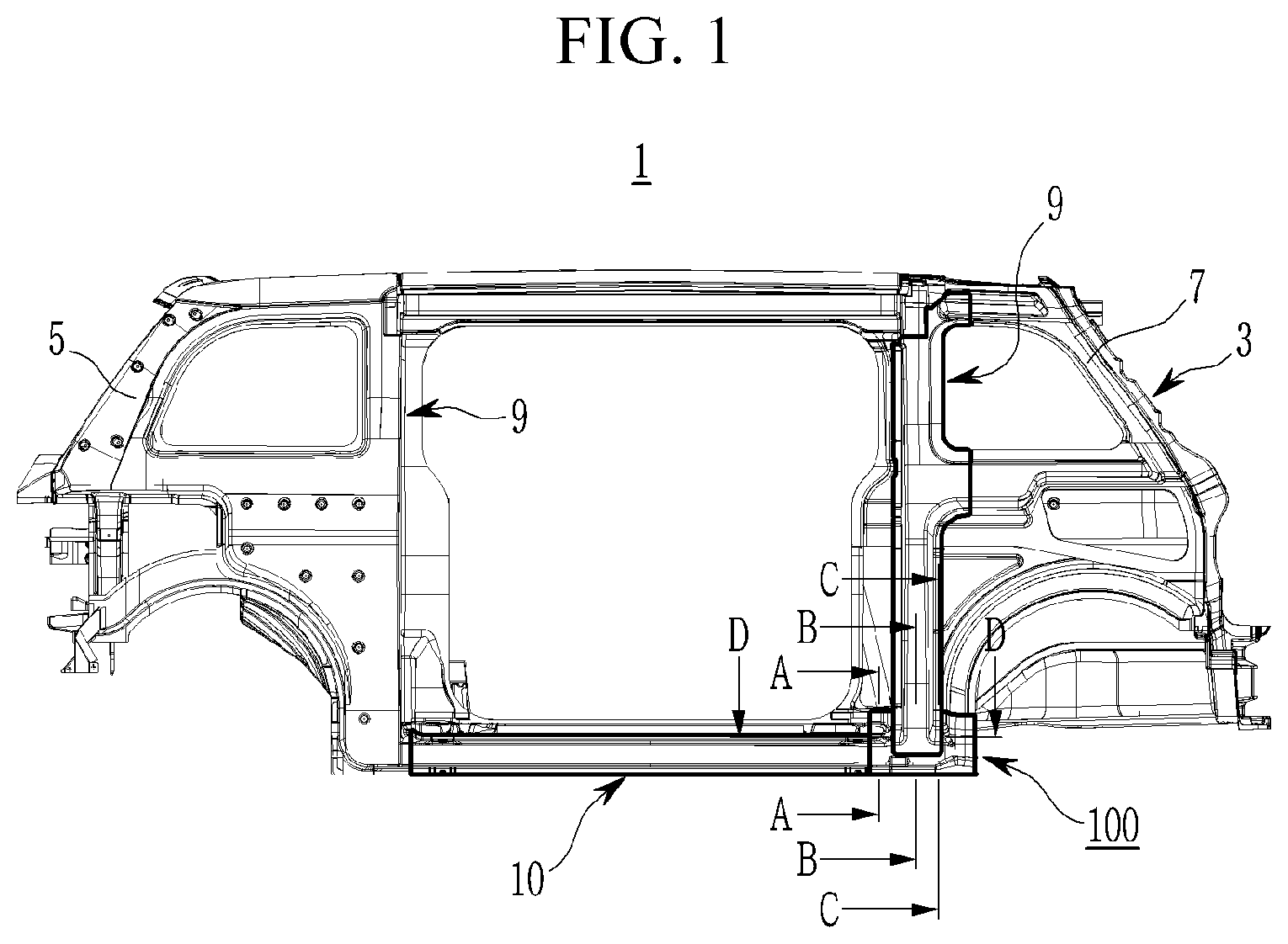 Patent US12612111 Figure 1 – Rear vehicle body structure