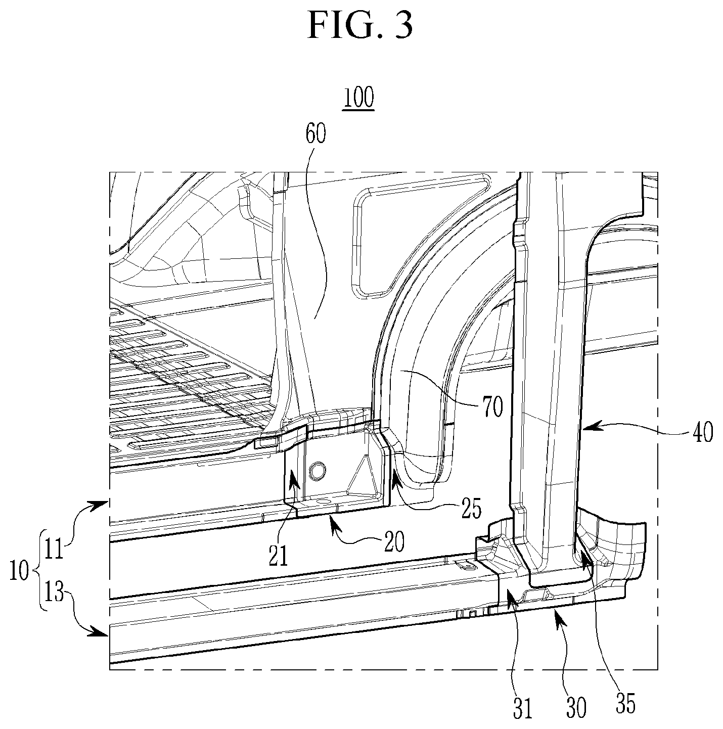 Patent US12612111 Figure 3 – Rear vehicle body structure