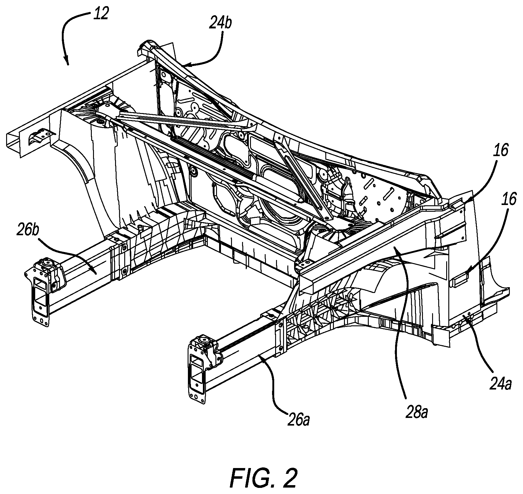 Patent US12612112 Figure 2 – Vehicle having front and rear vehicle structures