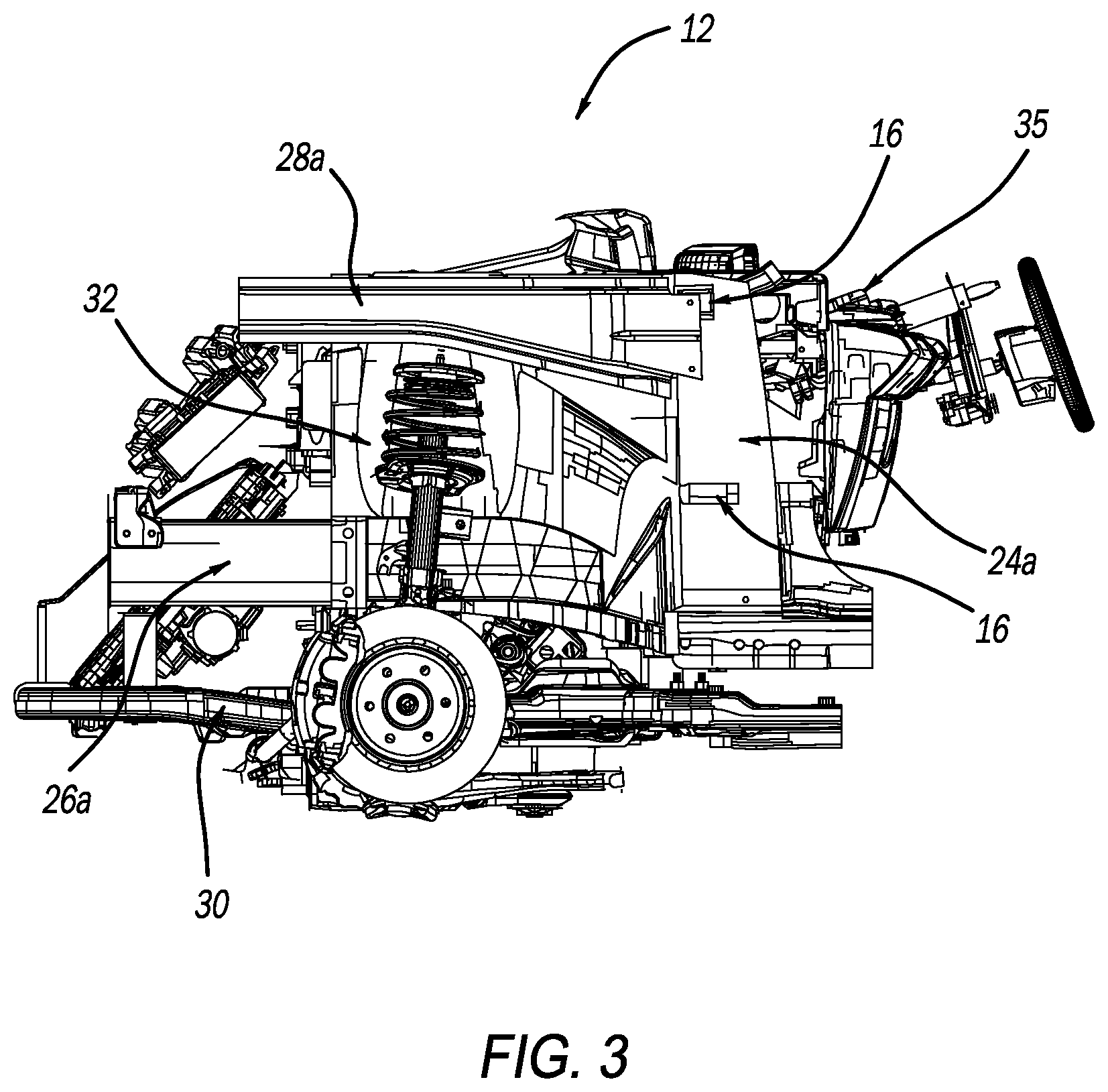 Patent US12612112 Figure 3 – Vehicle having front and rear vehicle structures