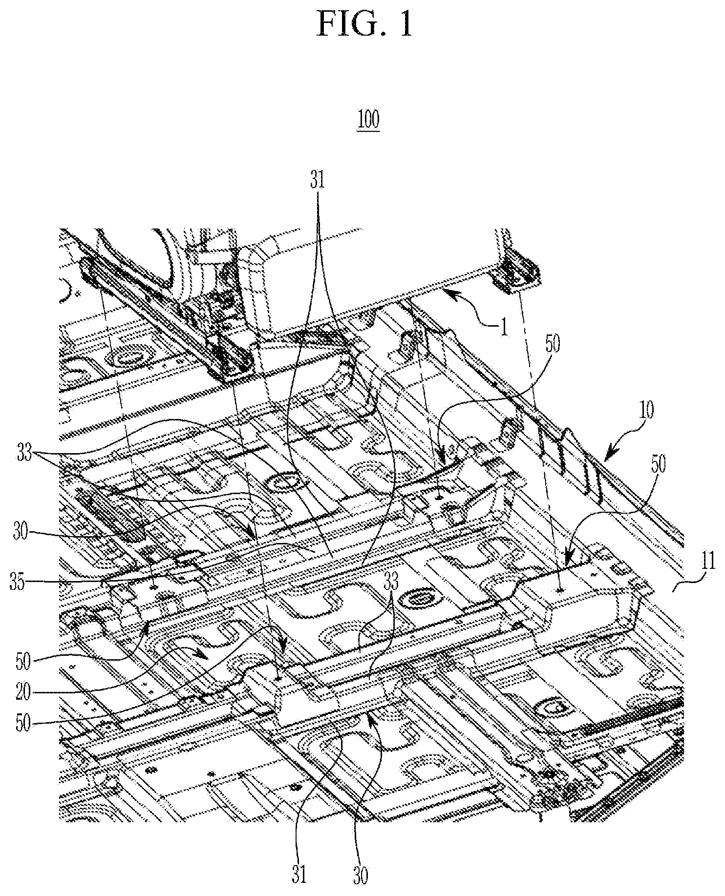 Patent US12612114 Figure 1 – Floor structure for electric vehicle