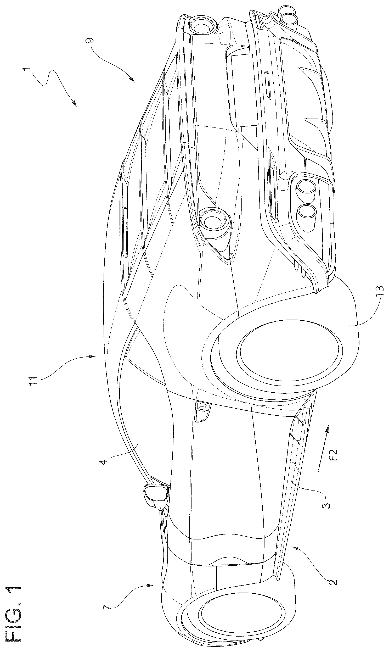 Patent US12612121 Figure 1 – Car provided with a pneumatic unit operated by a gearbox