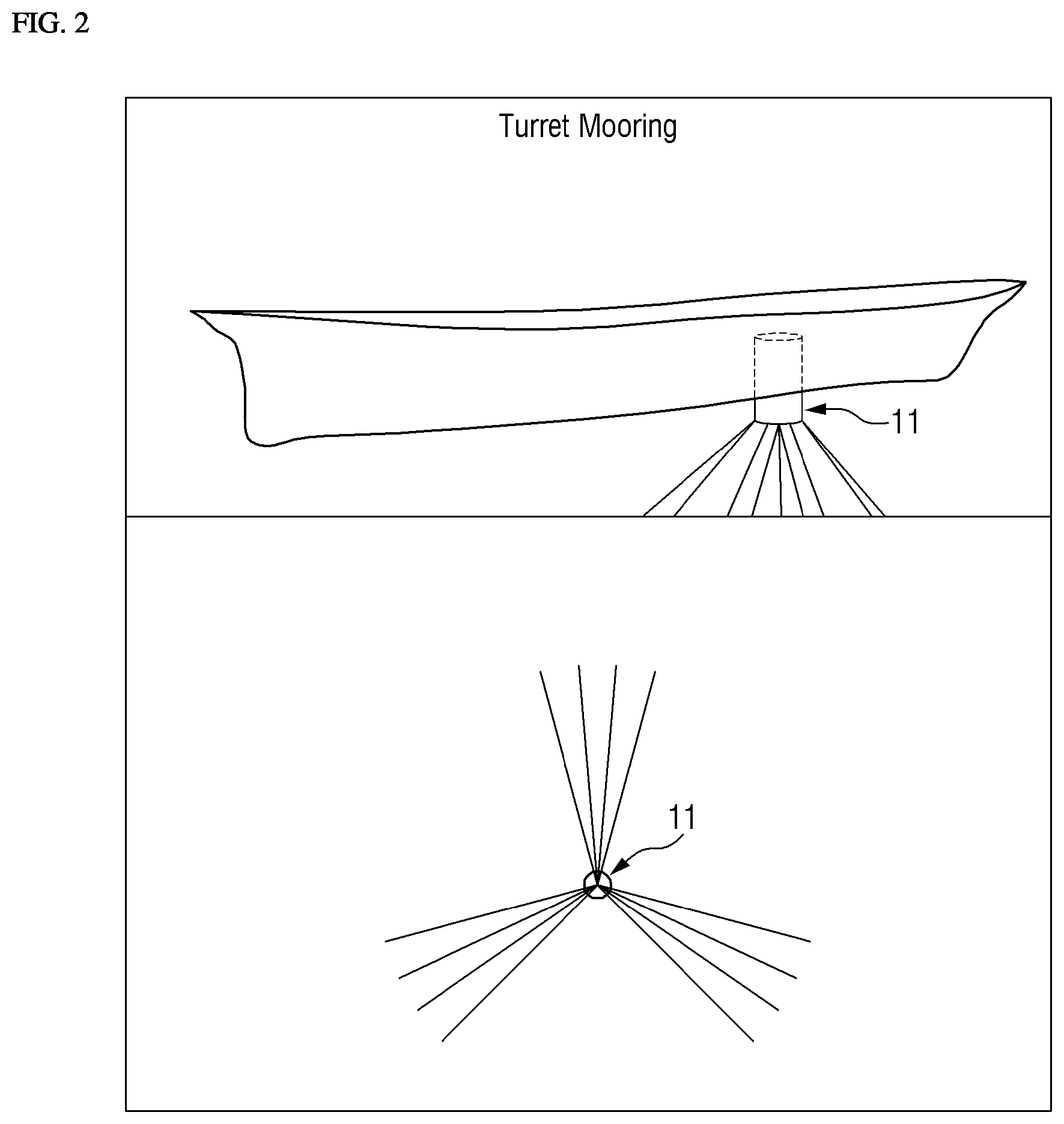 Patent US12612135 Figure 2 – Floating offshore structure having one-side spread mooring system applied thereto