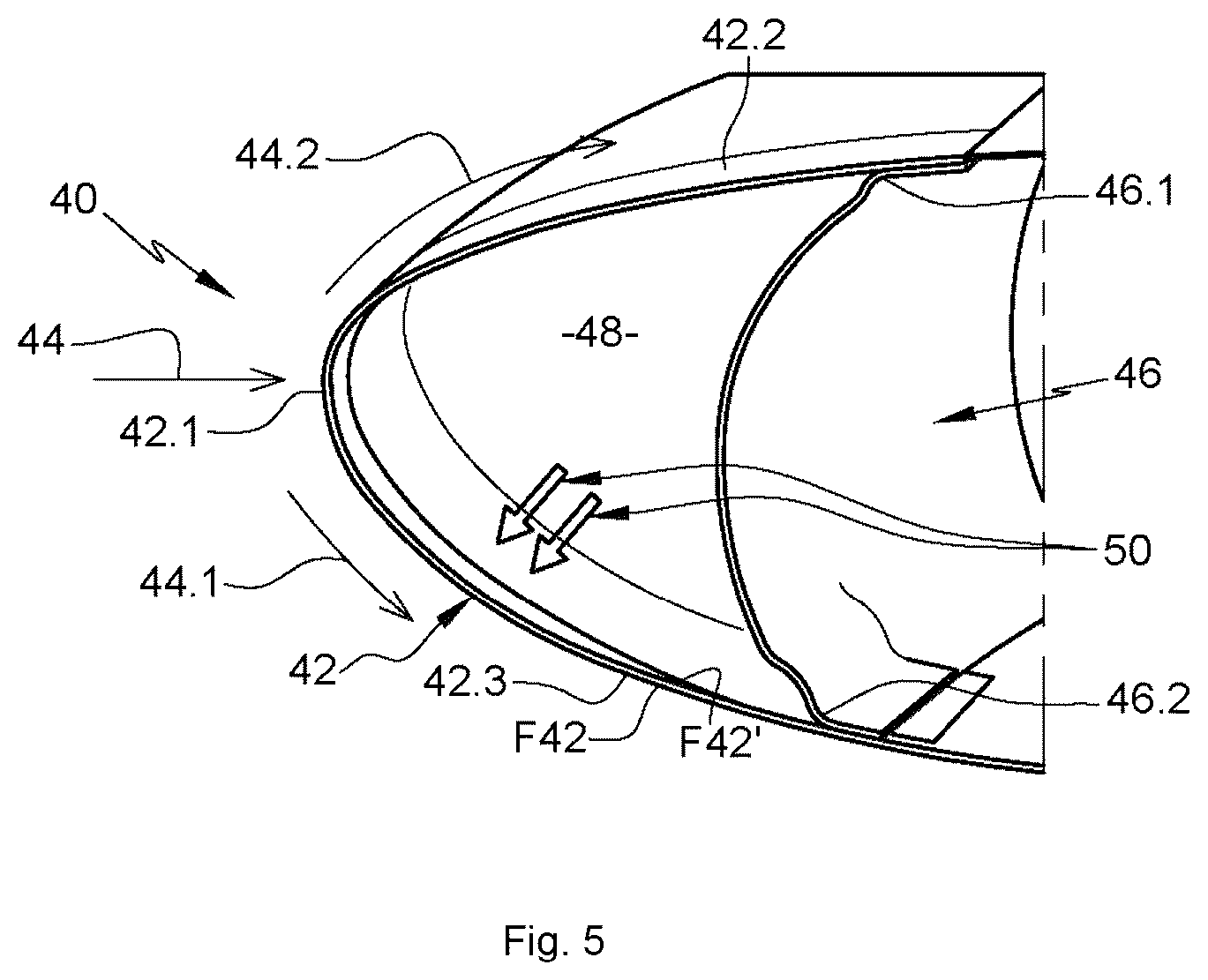 Patent US12612168 Figure 5 – Aircraft air inlet comprising at least a main de-icing system and at least one secondary de-icing system positioned at a splice plate