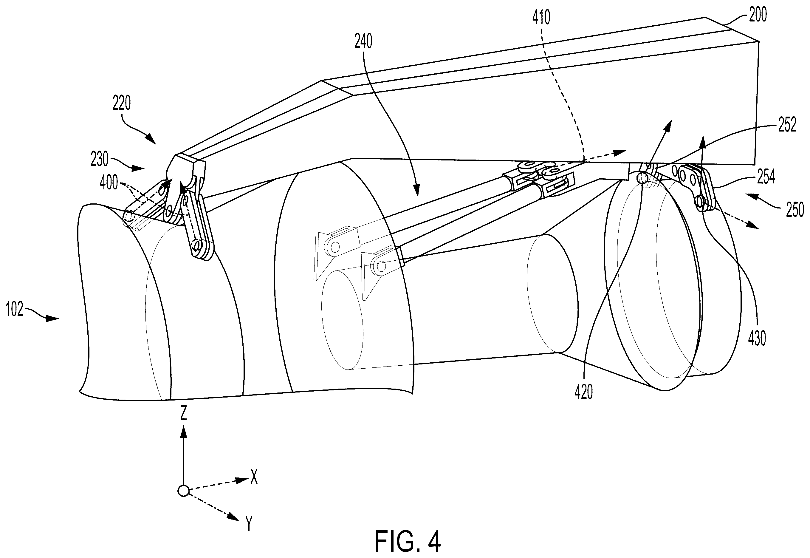 Patent US12612170 Figure 4 – Forward engine mount with converging links