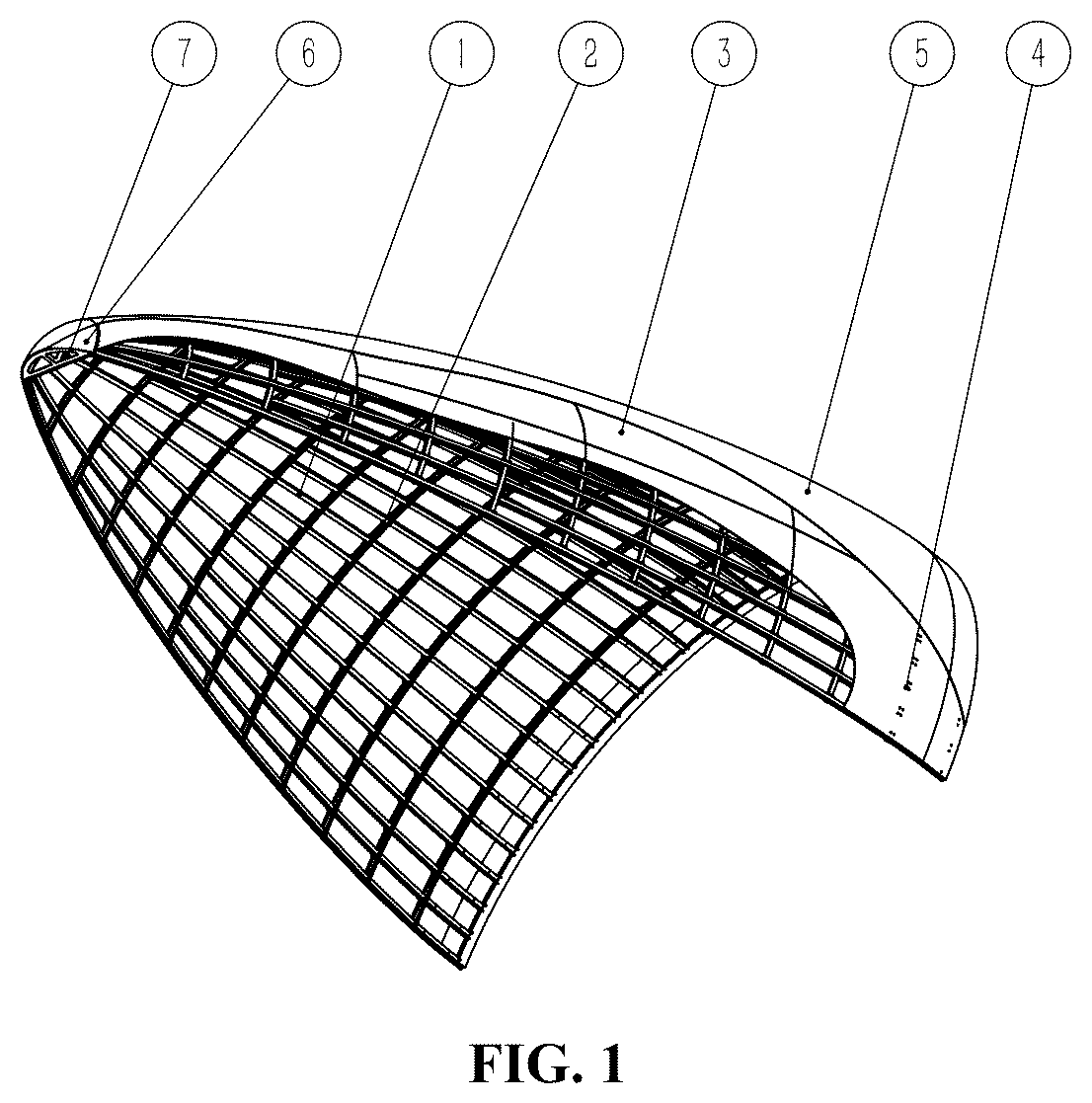 Patent US12612188 — Cone segment structure of fairing with two-half hood structures having metal bars made in a Von Karman curve shape — Figure 1