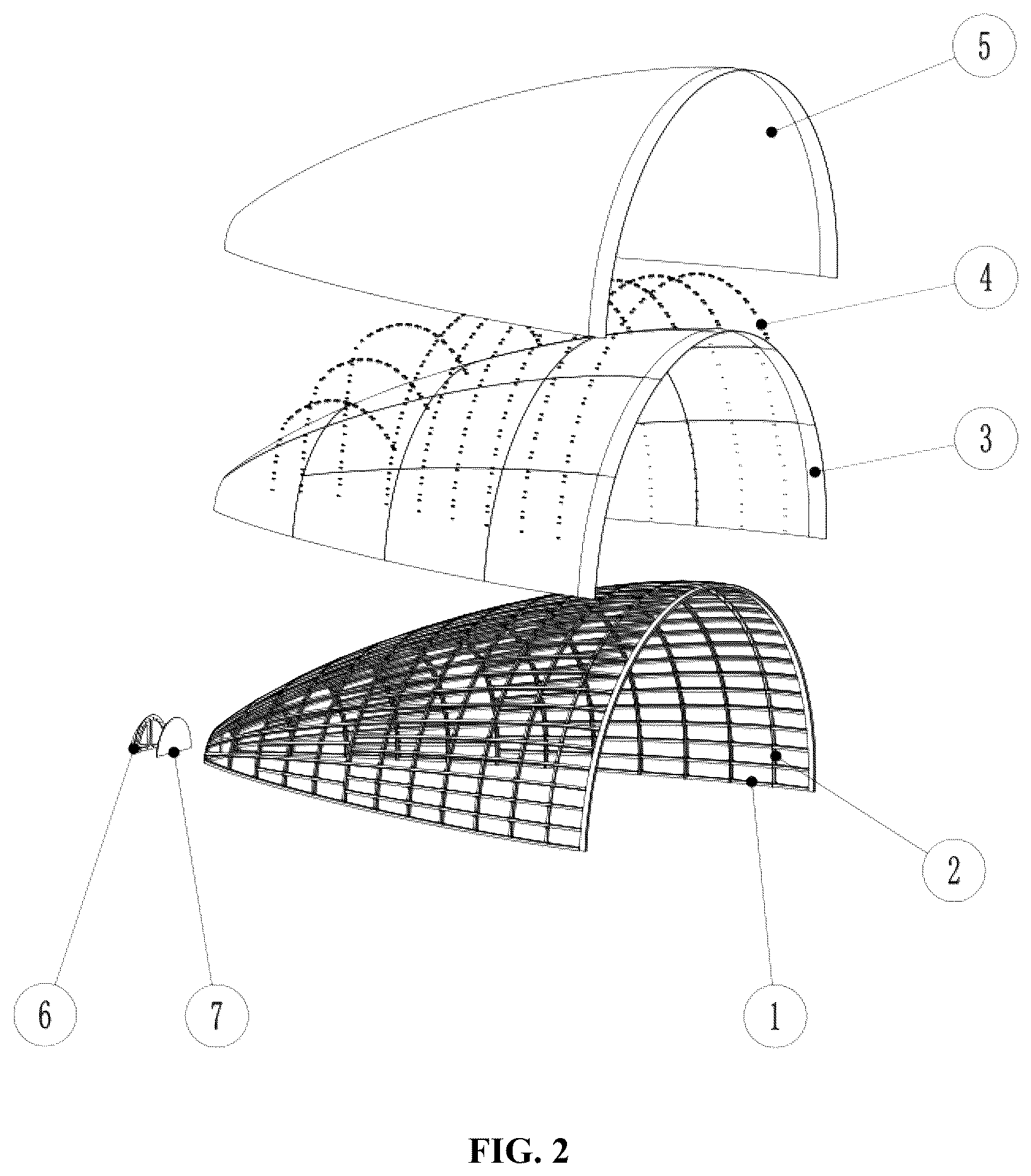 Patent US12612188 Figure 2 – Cone segment structure of fairing with two-half hood structures having metal bars made in a Von Karman curve shape