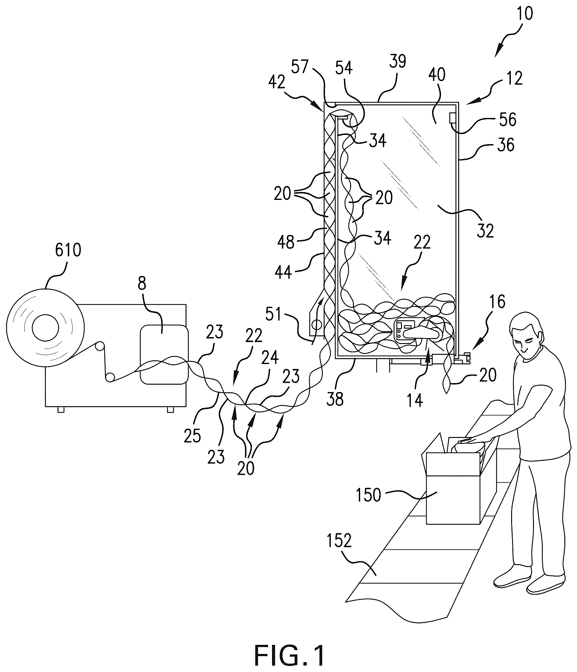 Patent US12612206 Figure 1 – Systems for dispensing pillows for product packaging