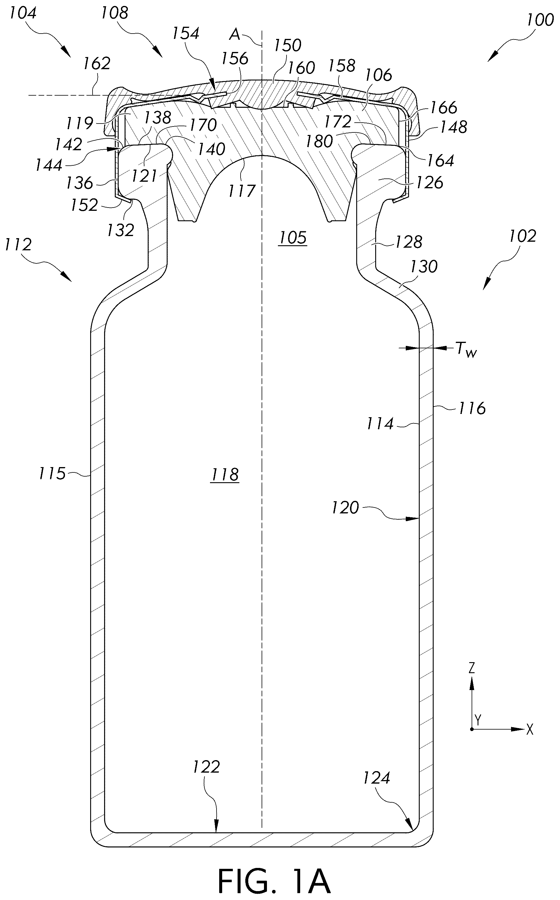 Patent US12612220 Figure 1 – Container closure system and sealing assemblies for maintaining seal integrity at low storage temperatures