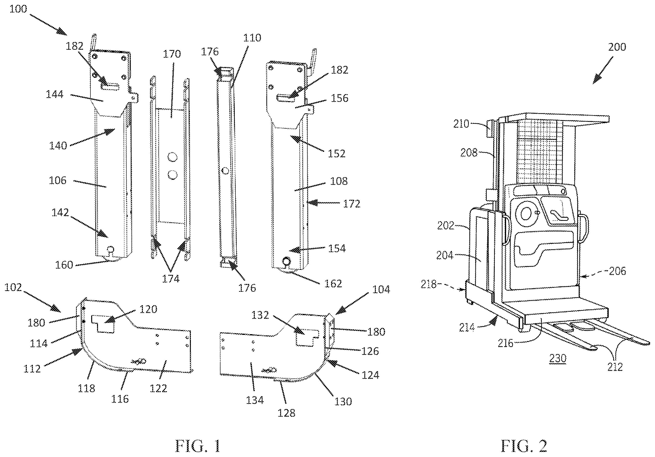 Patent US12612240 Figure 1 – Reusable cradle system and method for a material handling vehicle